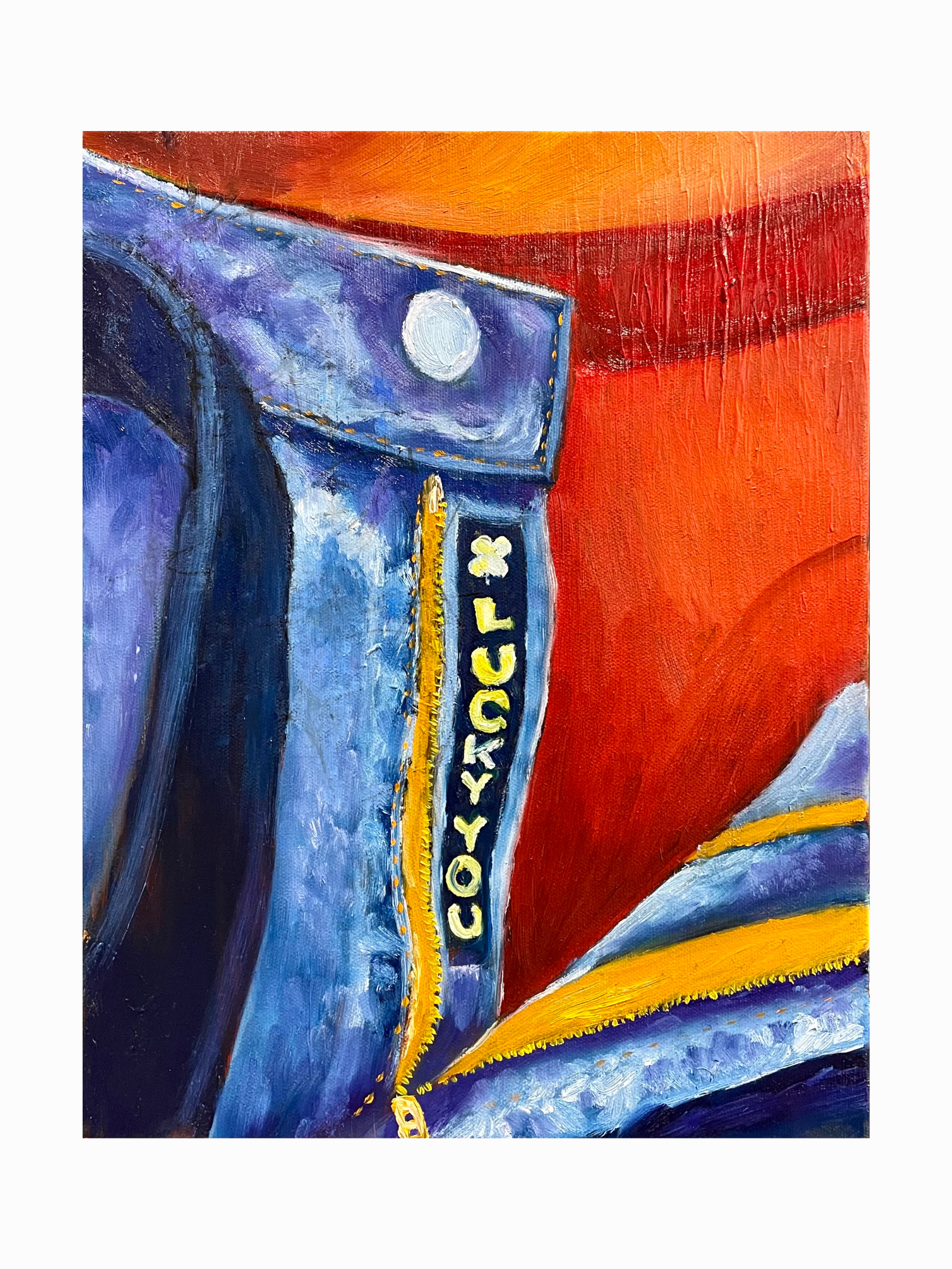 Close-up of a painted denim jacket with bright colors, including red, yellow, blue, and purple, highlighting the yellow zipper and lettering.