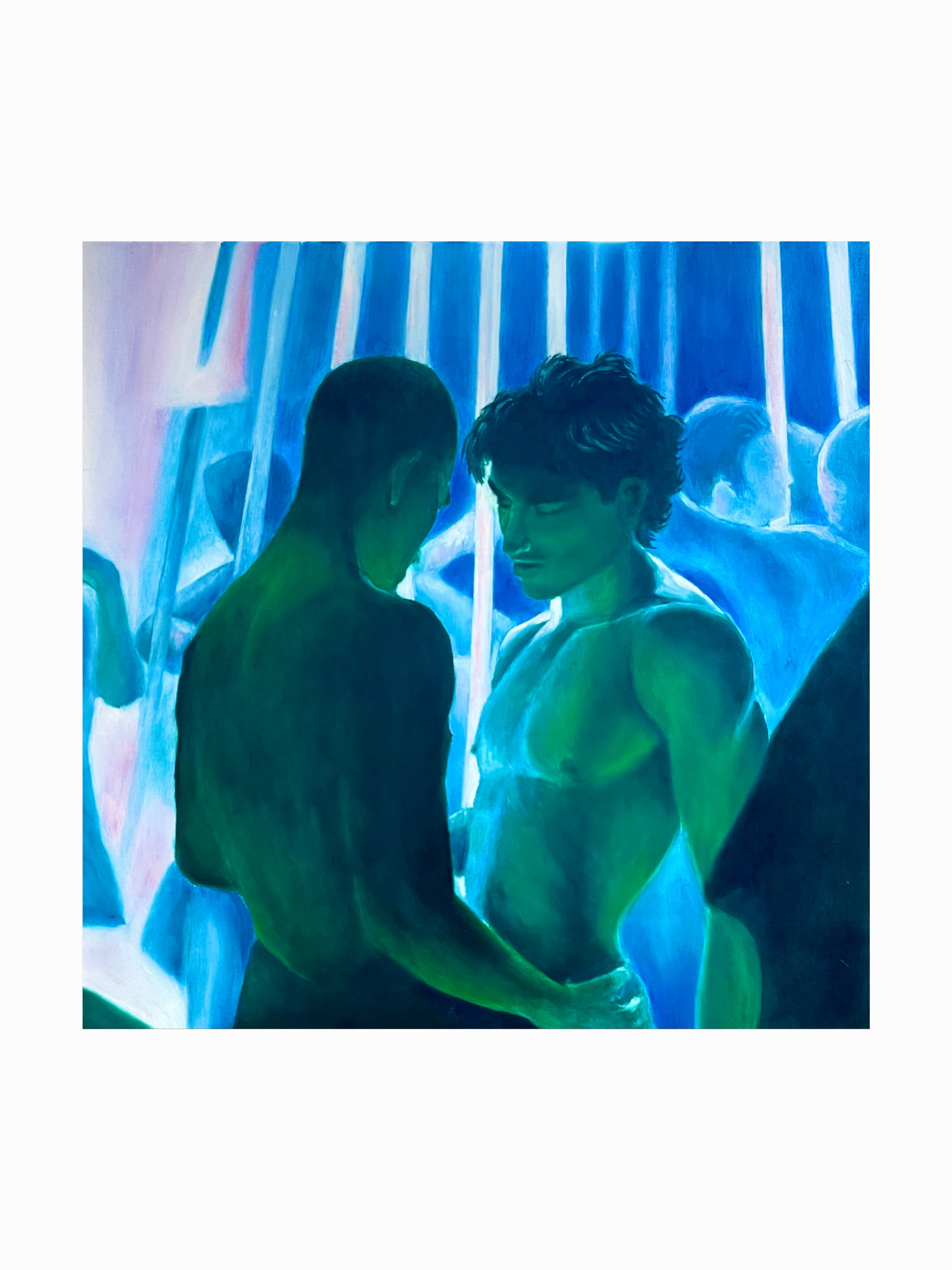Painting of two individuals with dark hair in a close conversation, illuminated by blue neon lights with a blurred background of other people at an indoor event.