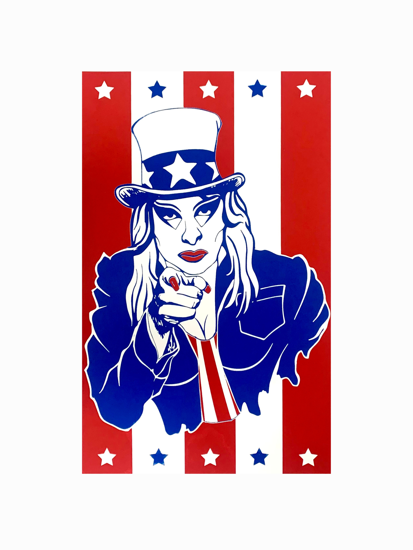 An illustration of Uncle Sam pointing forward, with a background of red and white stripes containing white and blue stars.