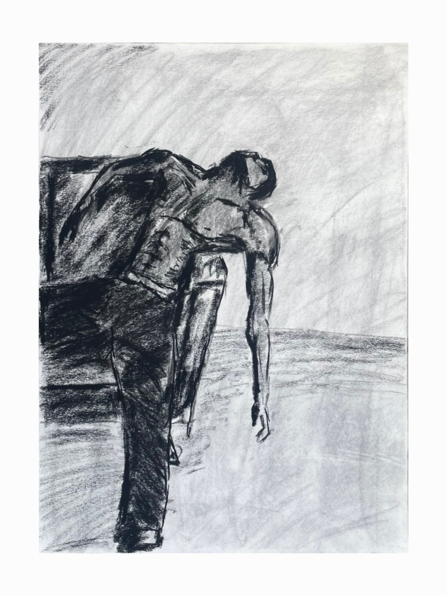 A black and white sketch of a person bending over with one hand touching the ground, wearing a hoodie and pants, with a plain background and minimal shading.