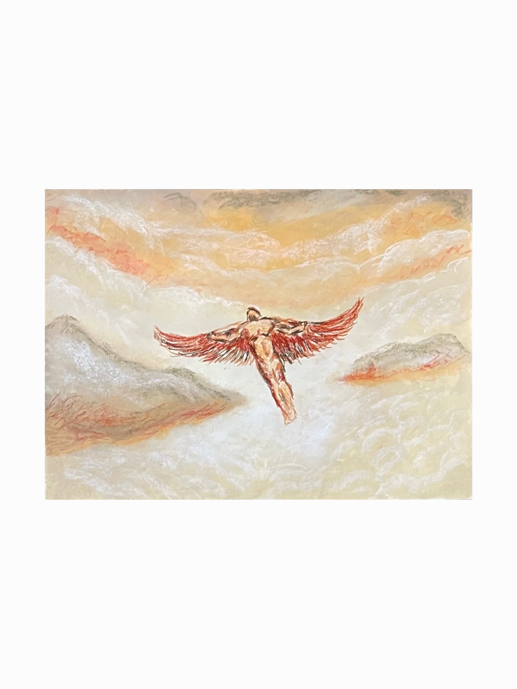 Painting depicting a bird with outstretched wings flying in a cloudy sky with soft pastel colors.