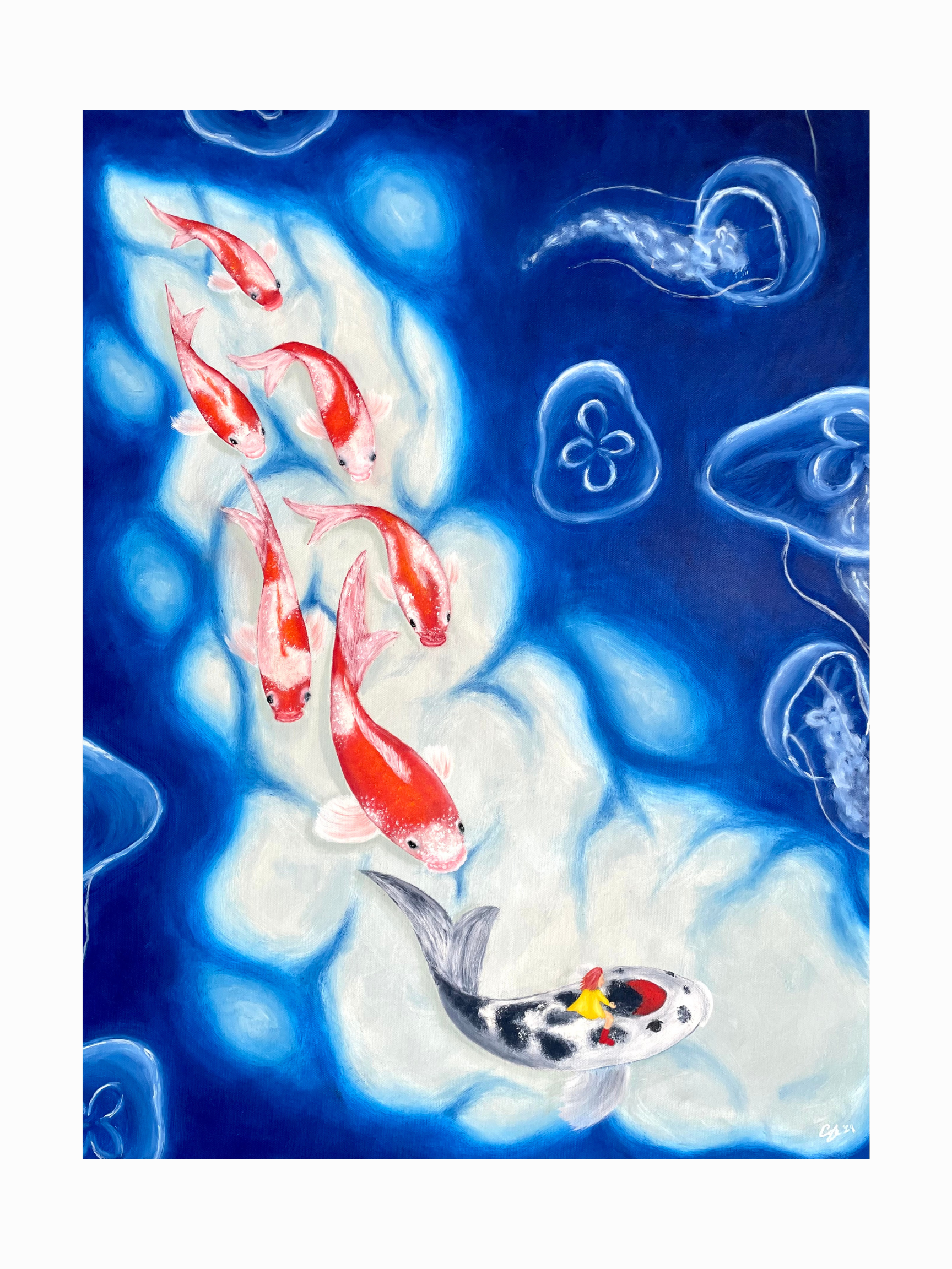 A vibrant painting of koi fish swimming in blue water with abstract jellyfish-like shapes and light patterns.