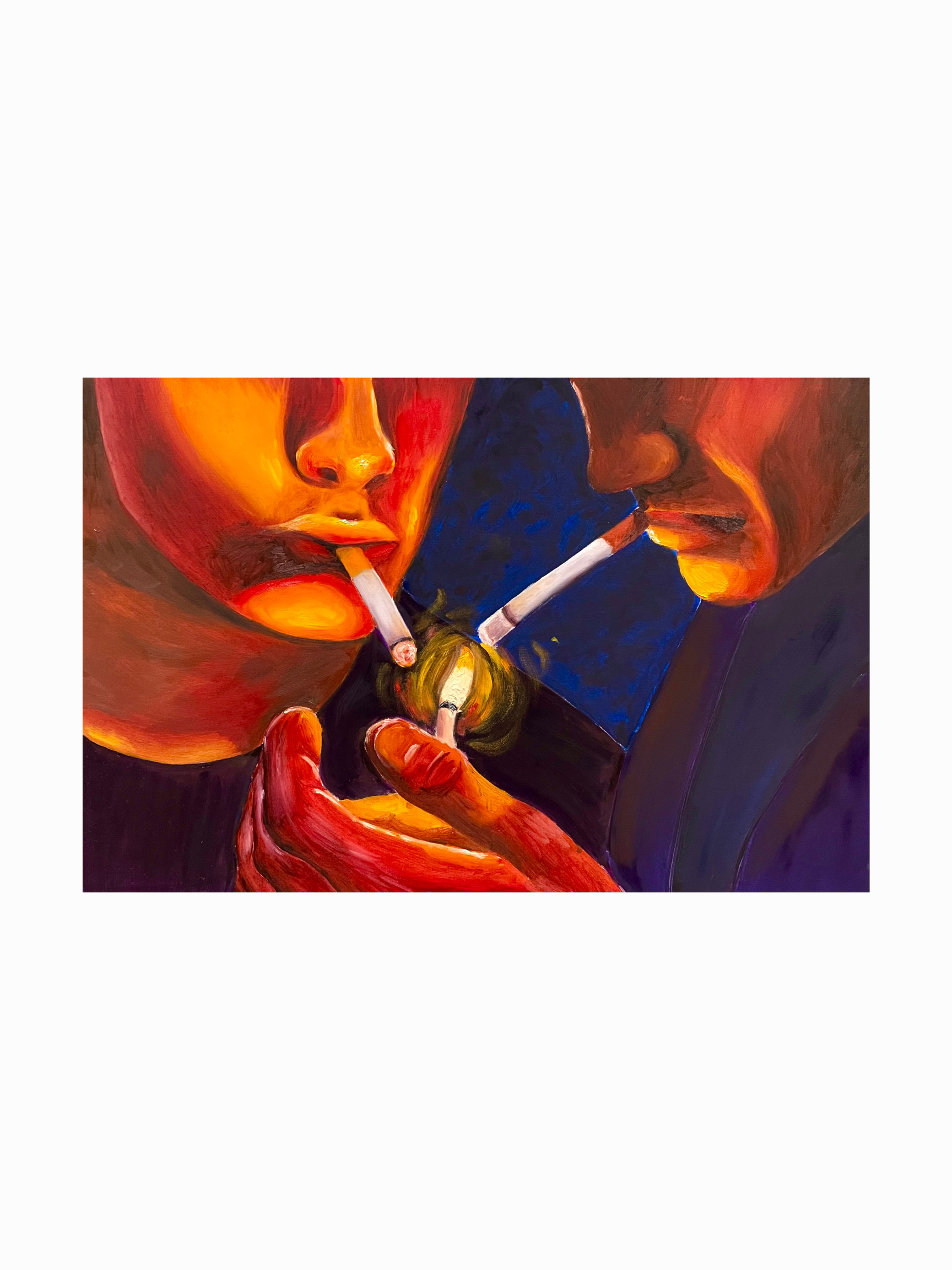 Close-up of a painting depicting two people smoking cigarettes close to each other, with vibrant, warm colors and expressive brush strokes.