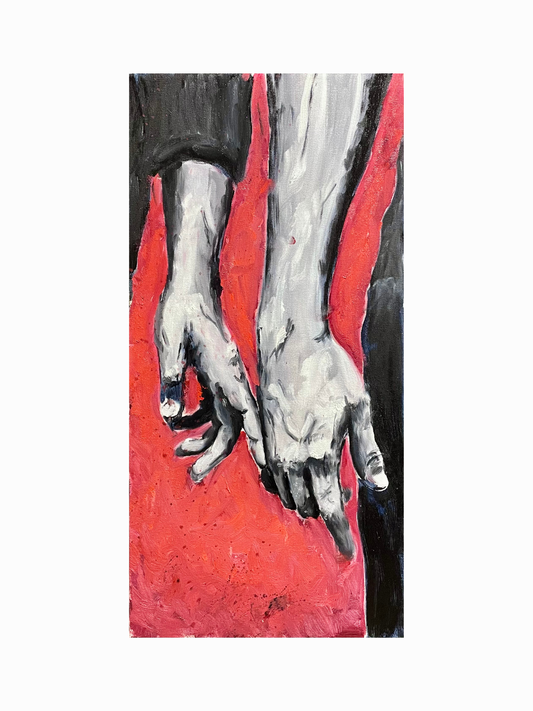 A painting of two clasped hands with a red background, using black, white, and red colors.