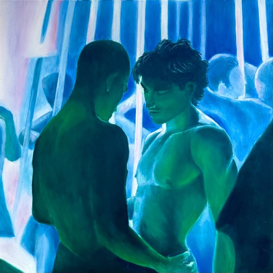 A mural showing two people embracing, with a group of people in the background at a crowded social event, painted in blue and green tones.