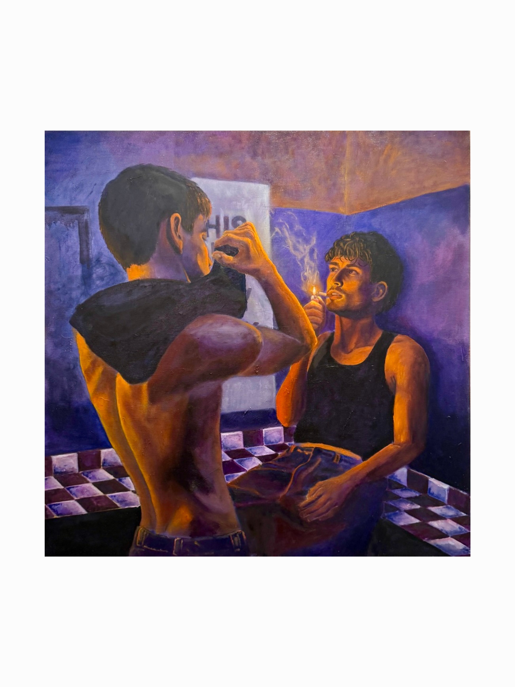 A mural painting of two young men in an indoor setting, one is shirtless and smoking, the other is sitting and looking at him, with a checkered floor and abstract background.