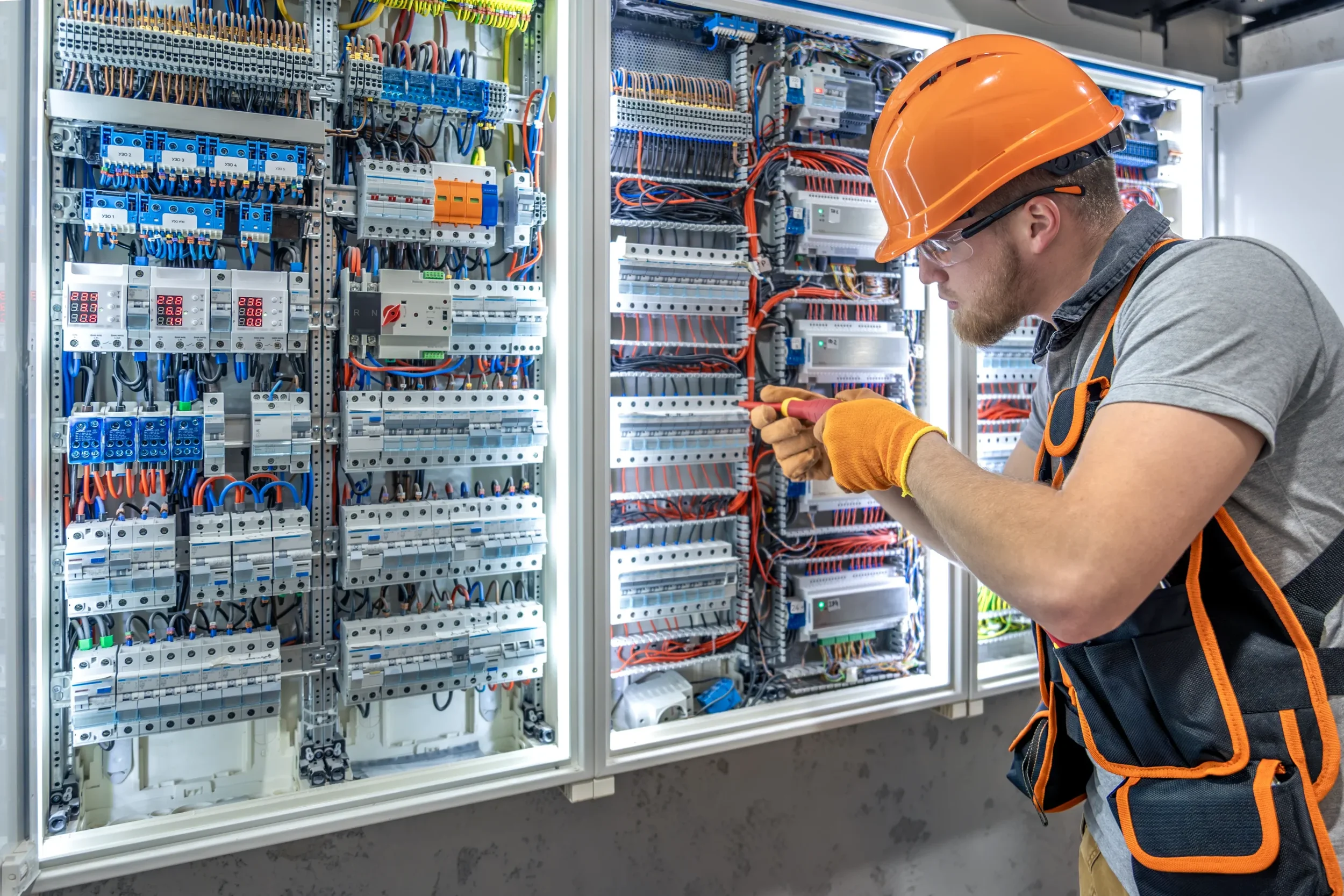 A technician wearing an orange hard hat, clear safety glasses, and orange gloves working on an electrical control panel filled with wires, circuit breakers, and digital displays.