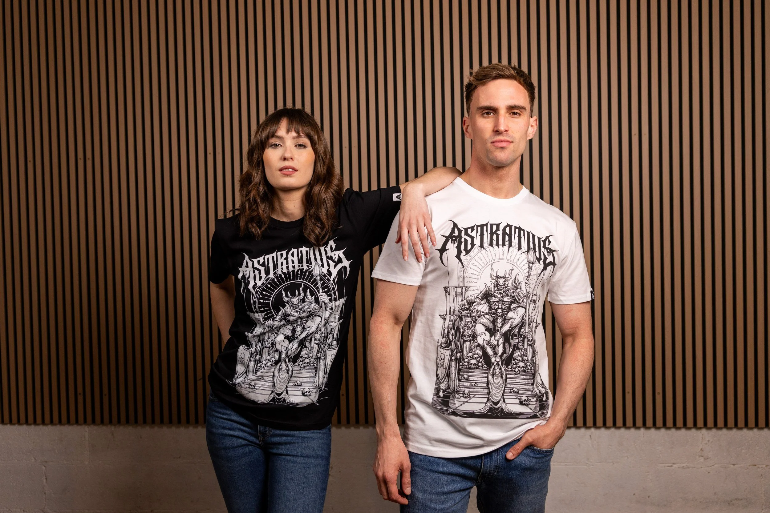 Two models in black and white Astratius graphic tees