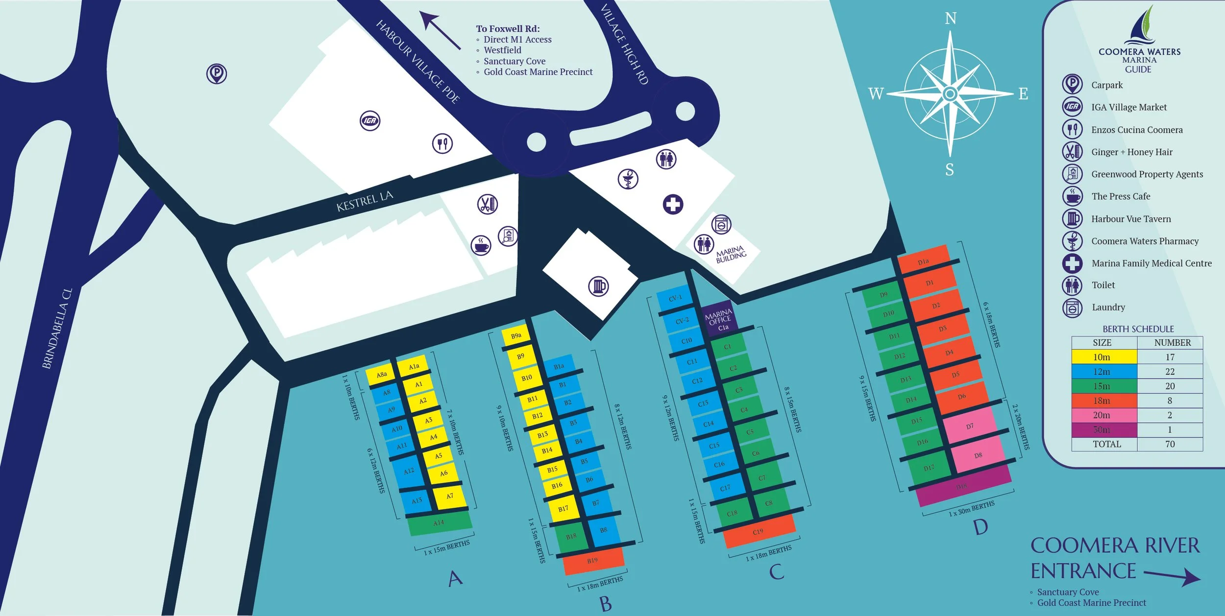 Detailed map of Coomera Waters Marina, showing boat berths, amenities, and nearby roads and facilities.