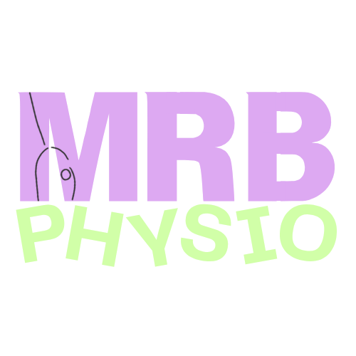 Logo with the words 'MRB' in purple and 'PHYSIO' in green, with a stick illustration of a gymnast doing a bridge.