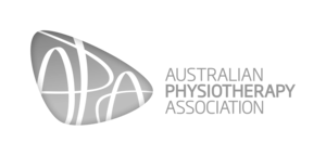 Logo of the Australian Physiotherapy Association with a stylised white and gray globe and the organization name.