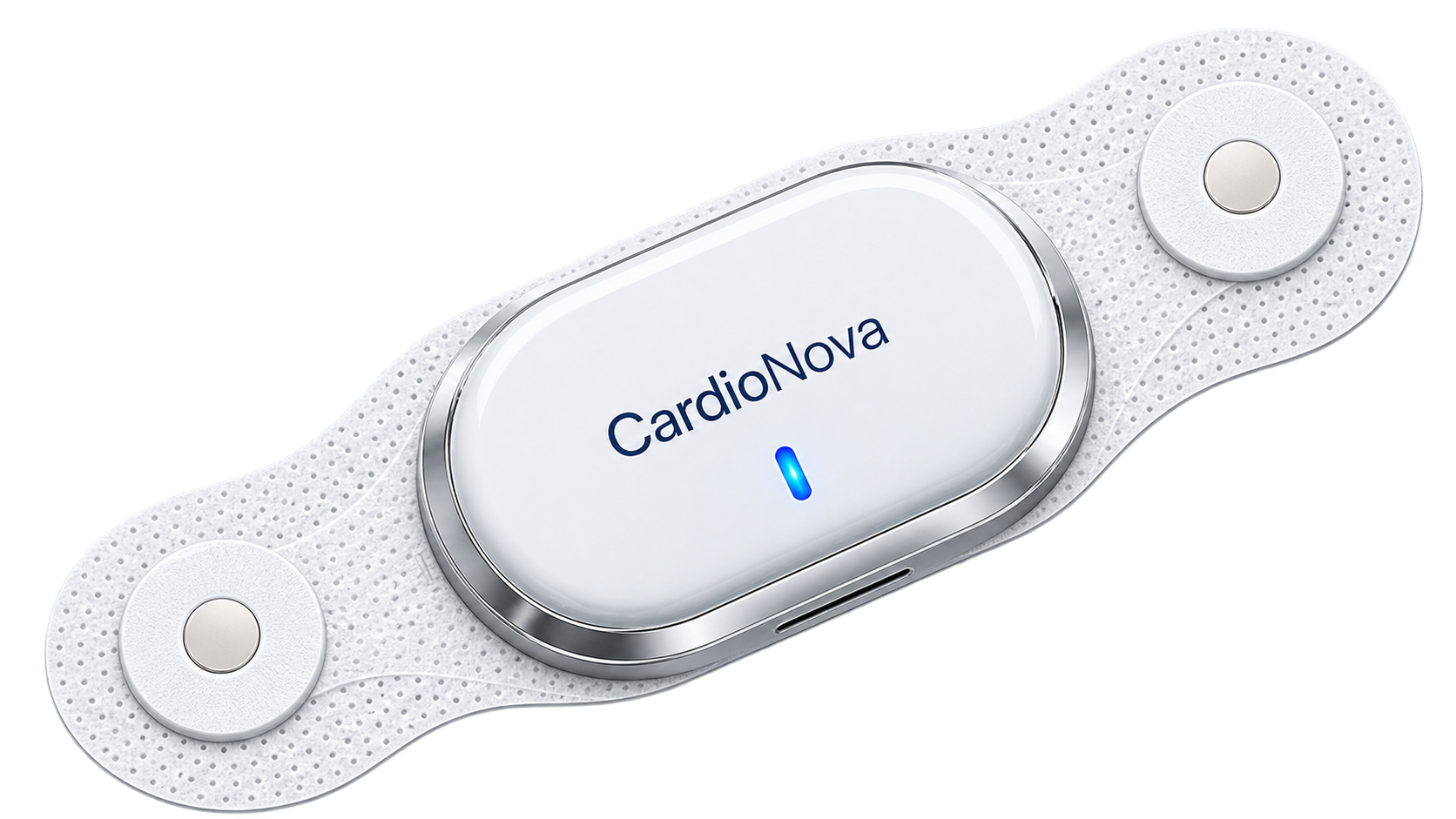 Medical device named CardioNova with a sleek silver and white design and a blue indicator light.