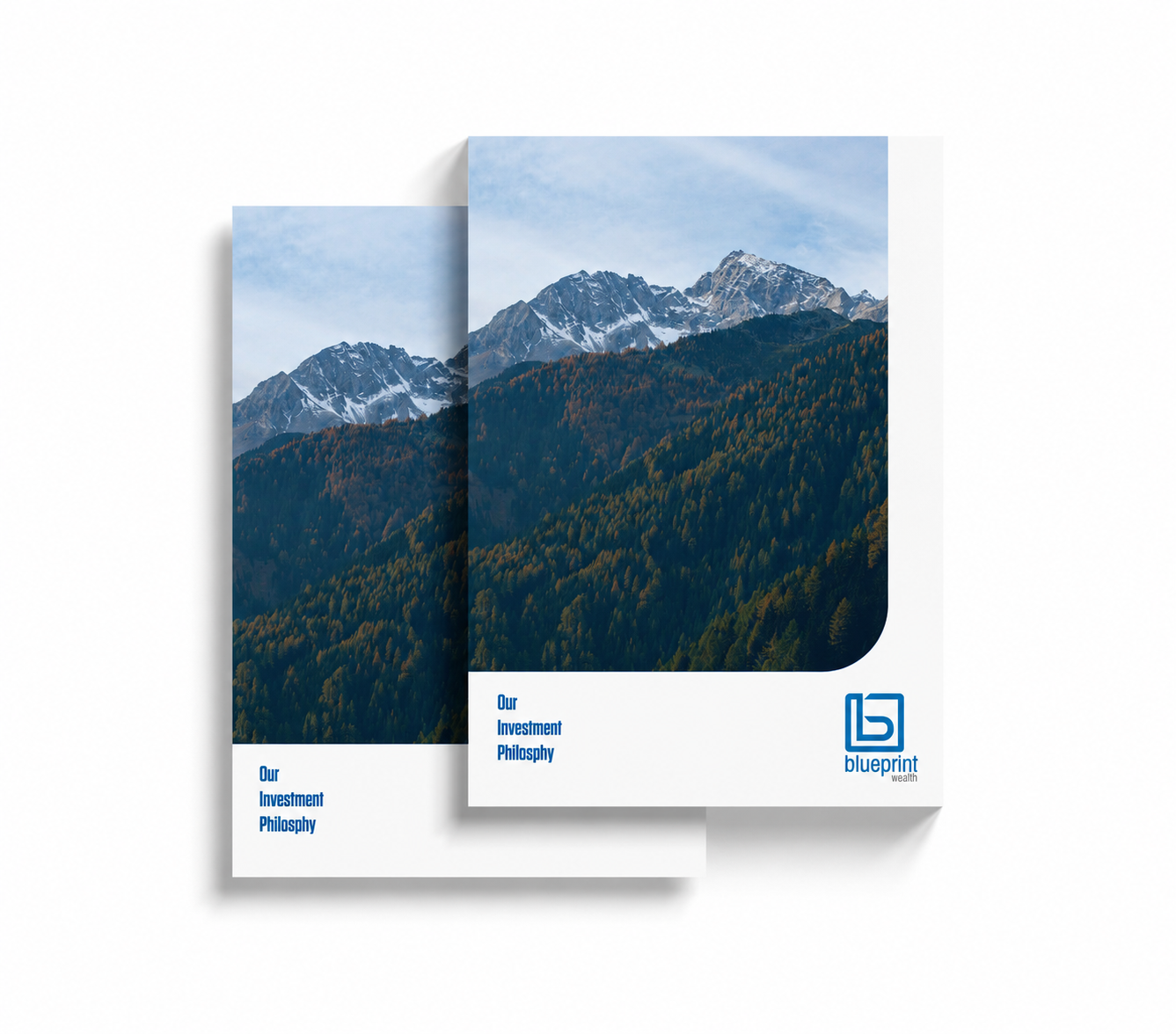 Blueprint Wealth product guide document design featuring professional financial services layouts, custom infographics and premium investment marketing materials by BKK Creative Studio