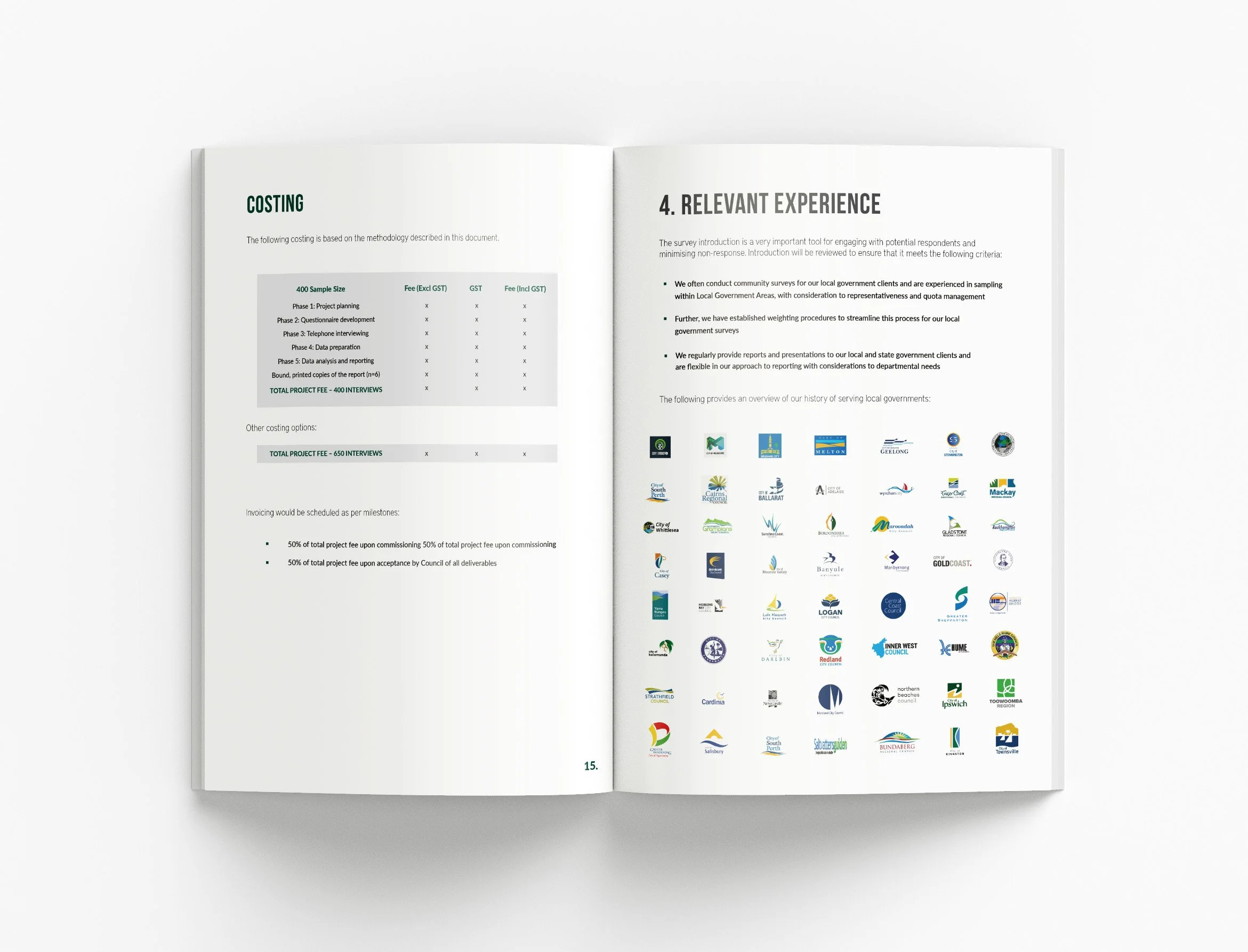 Corporate tender presentation showcasing research outcomes, project methodologies and premium document design by BKK Creative Studio