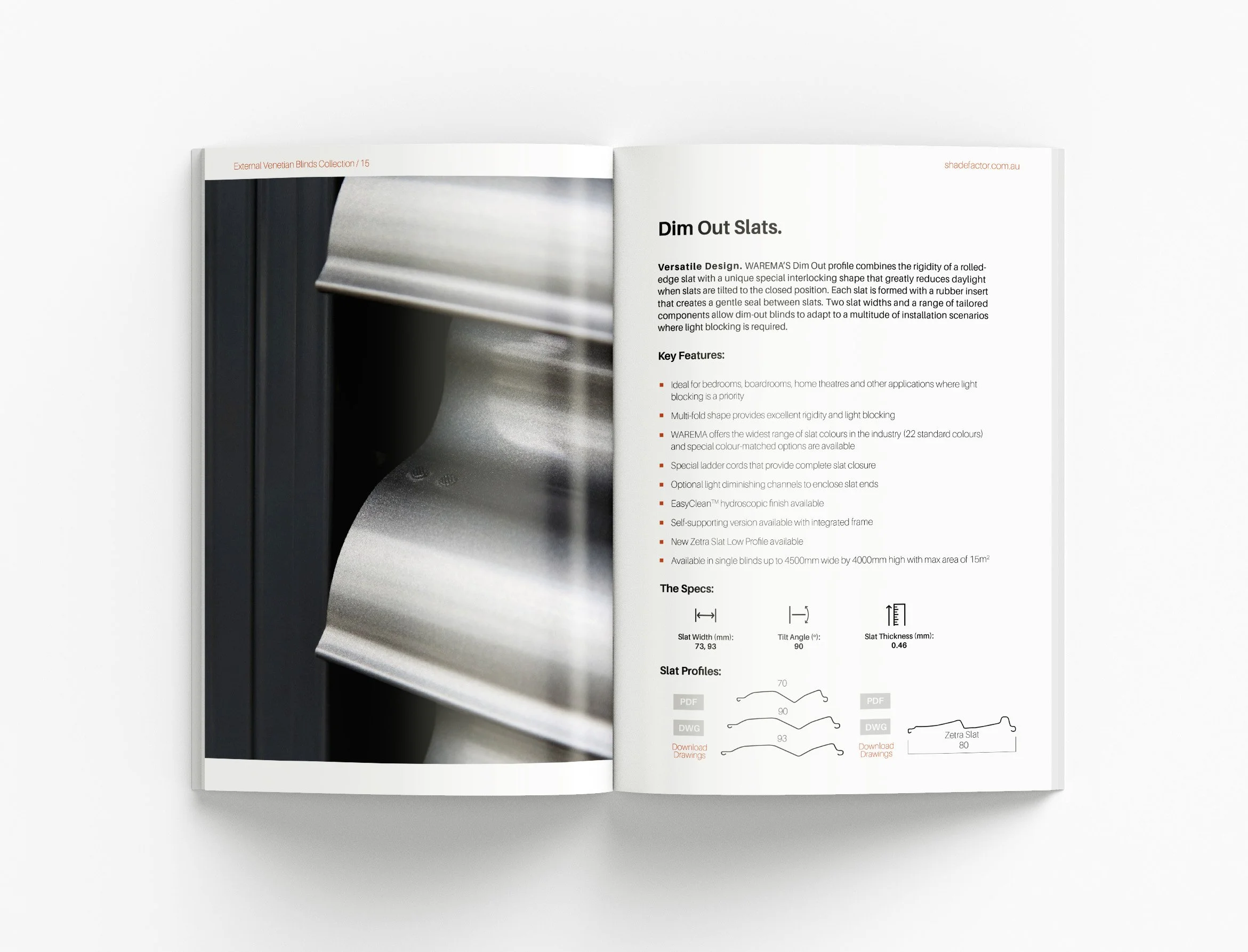 Shade Factor brochure project highlighting luxury outdoor shading systems, technical diagrams and premium marketing collateral design