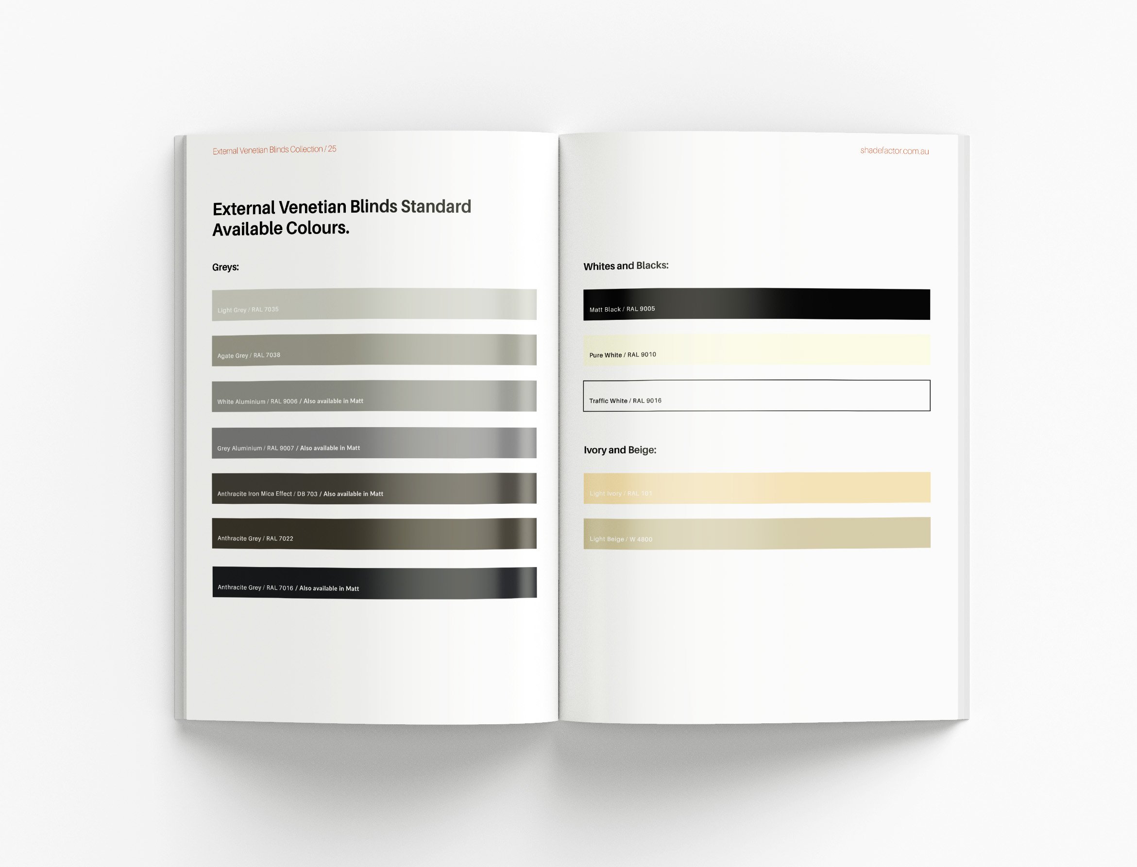 Professional brochure design showcasing external window shading products, custom graphics and structured catalogue layouts for the building industry
