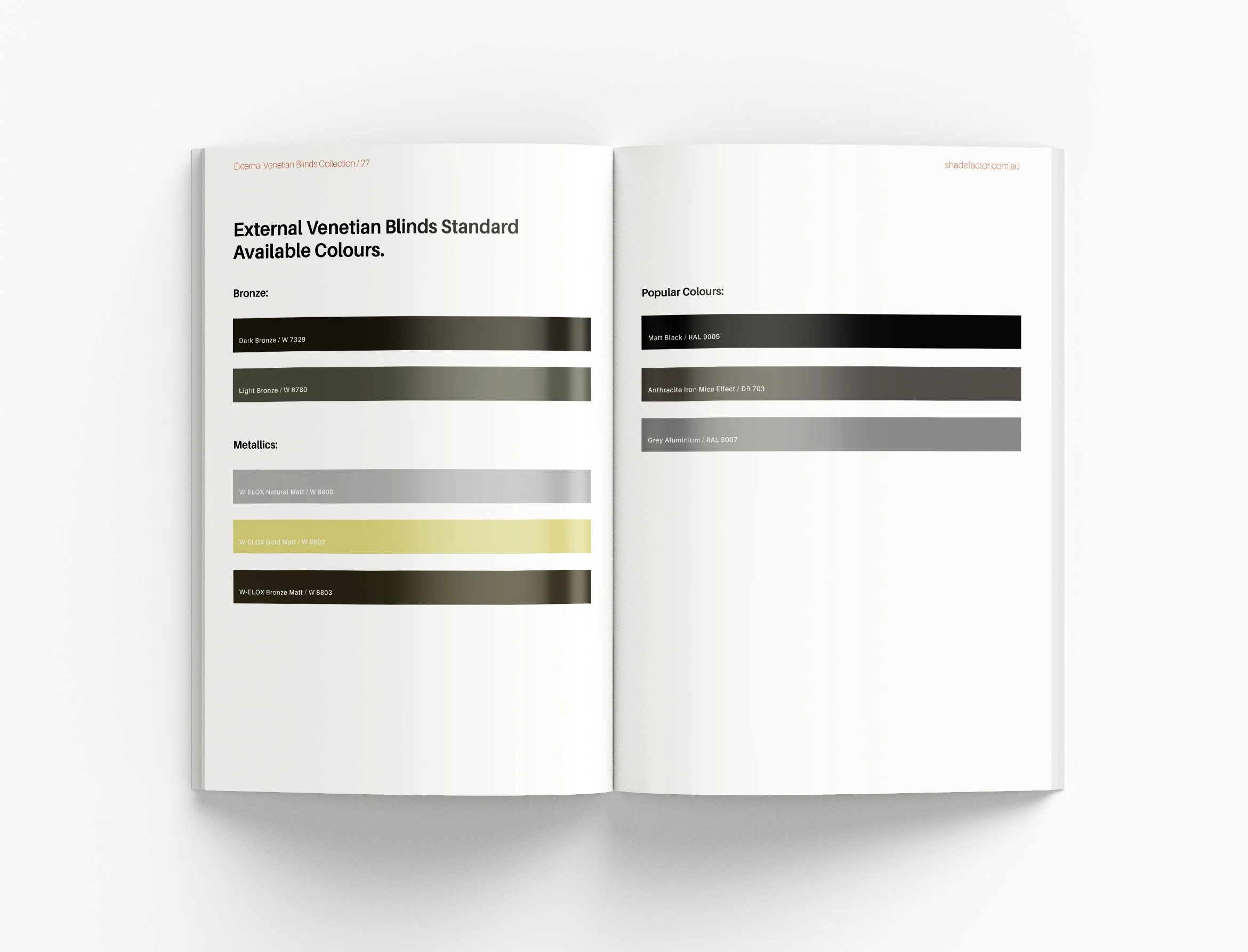 Shade Factor product marketing brochure featuring architectural photography, product features and sophisticated sales presentation design