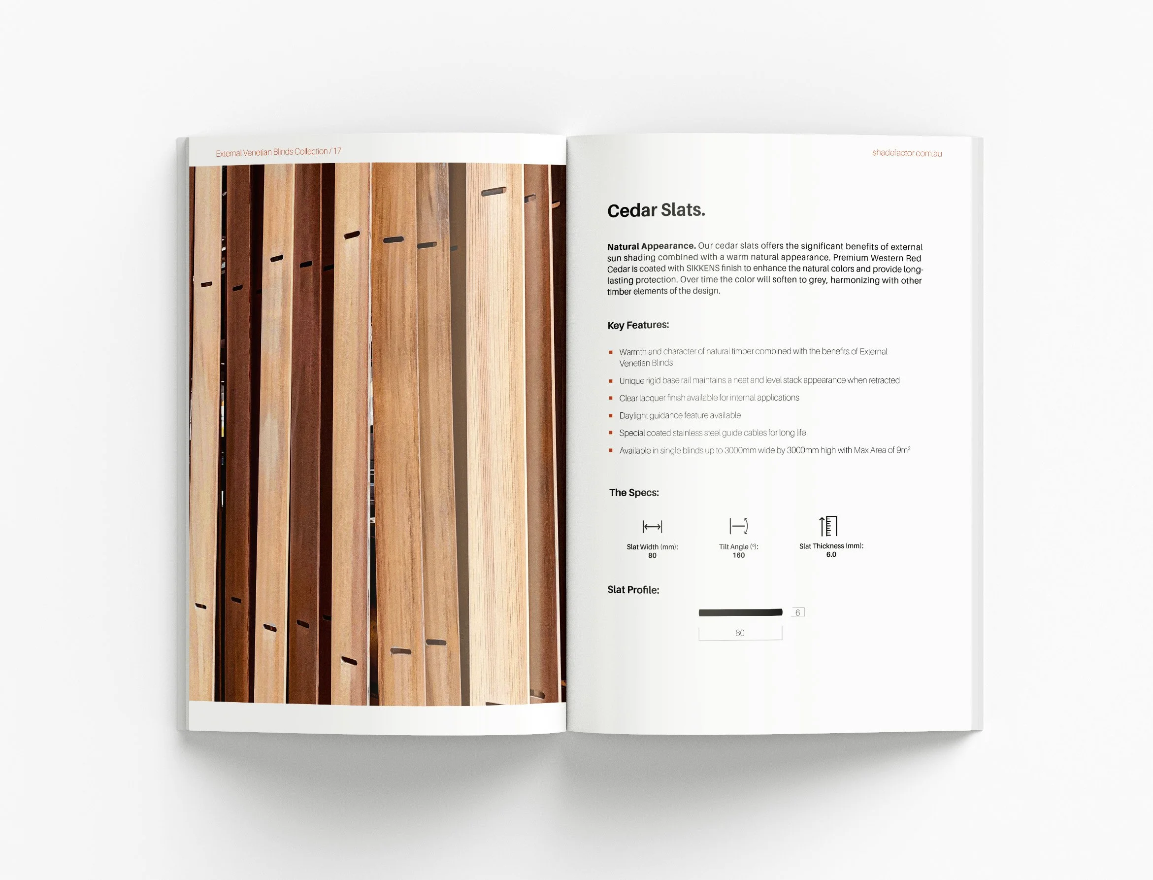 Architectural sales brochure featuring external Venetian blind solutions, product benefits and visually engaging information design by BKK Creative Studio