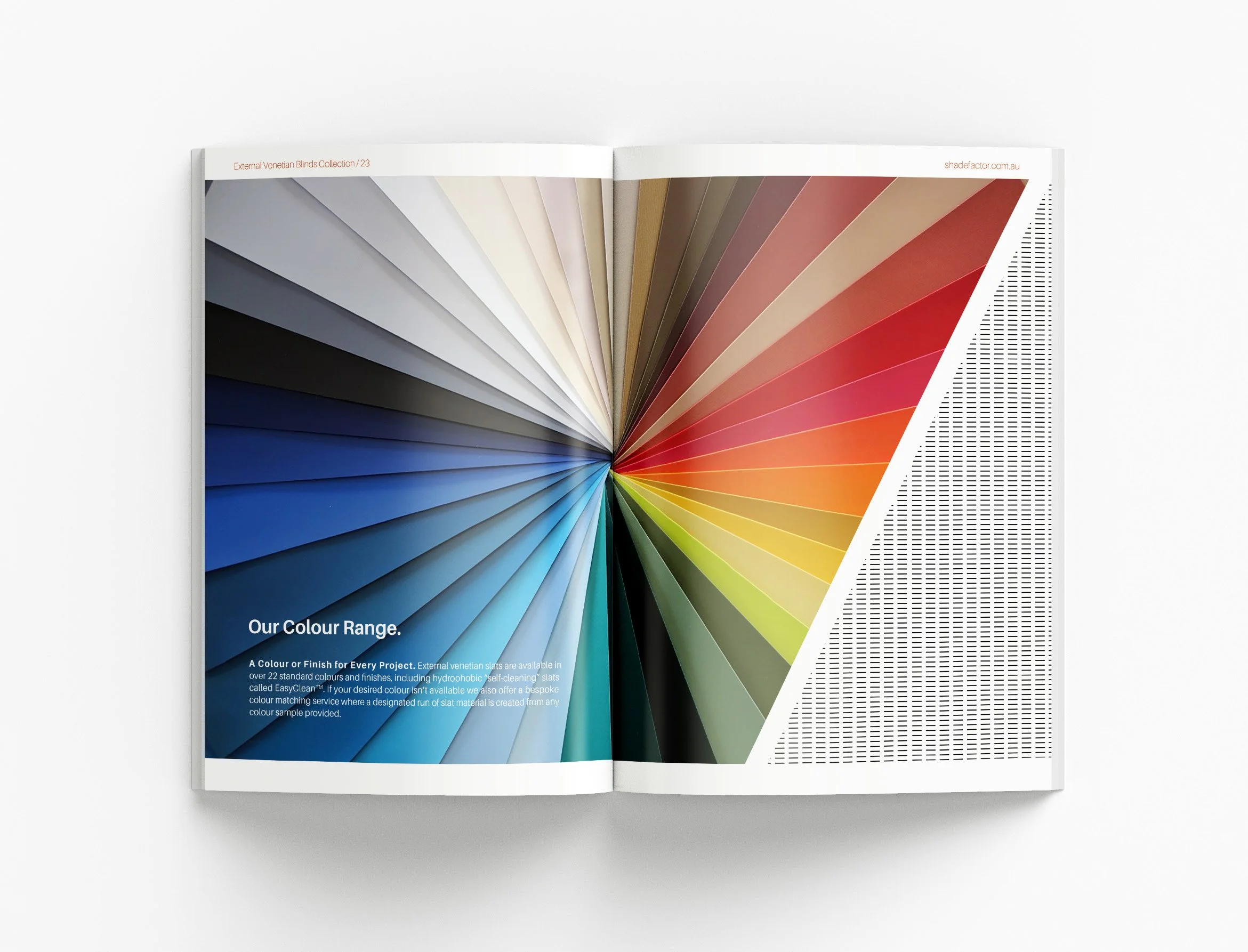 Premium architectural marketing materials highlighting external Venetian blinds, energy efficiency solutions and contemporary product branding