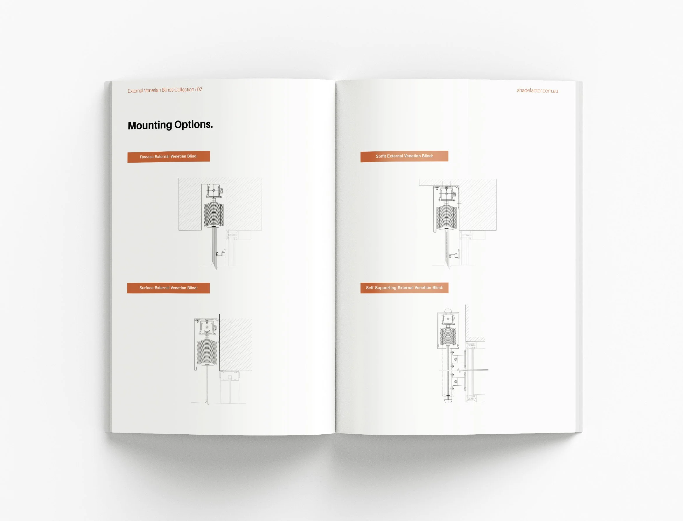 Shade Factor product brochure highlighting outdoor shading solutions, technical specifications and visually engaging architectural marketing materials