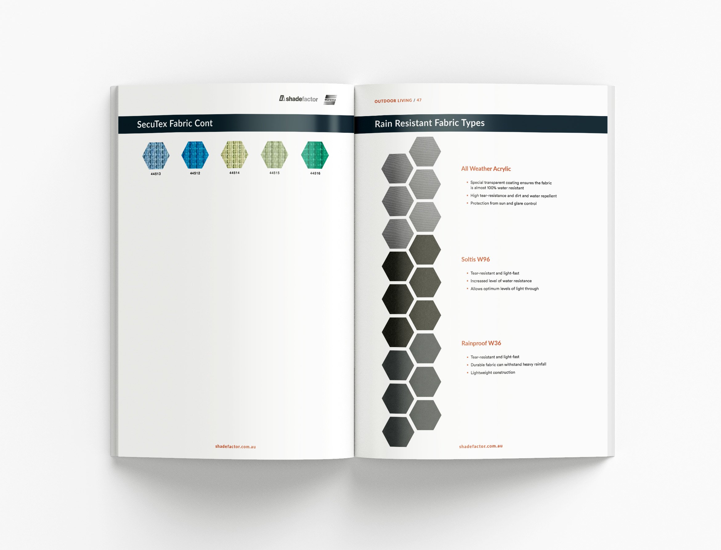 Architectural catalogue showcasing outdoor living products, technical information and visually engaging presentation design