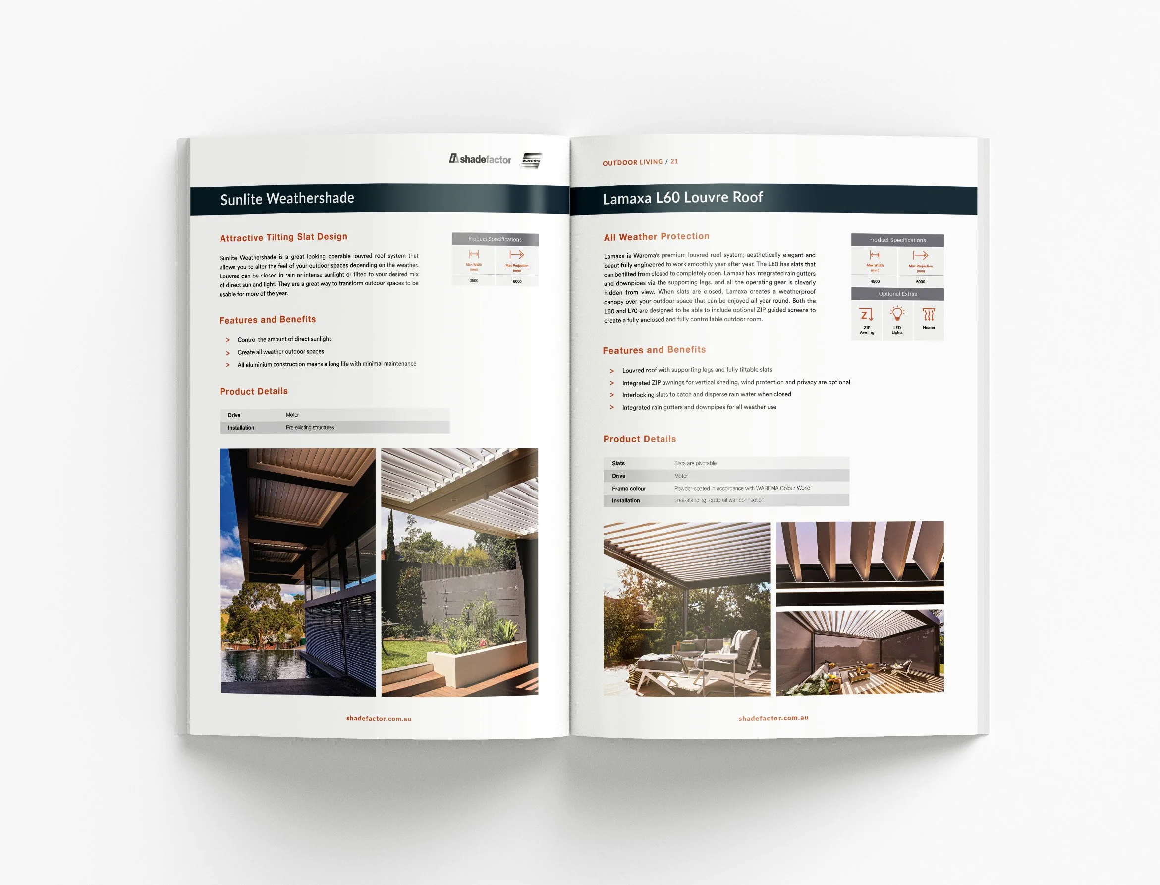 Shade Factor product brochure highlighting modern outdoor living systems, luxury design aesthetics and professional sales materials