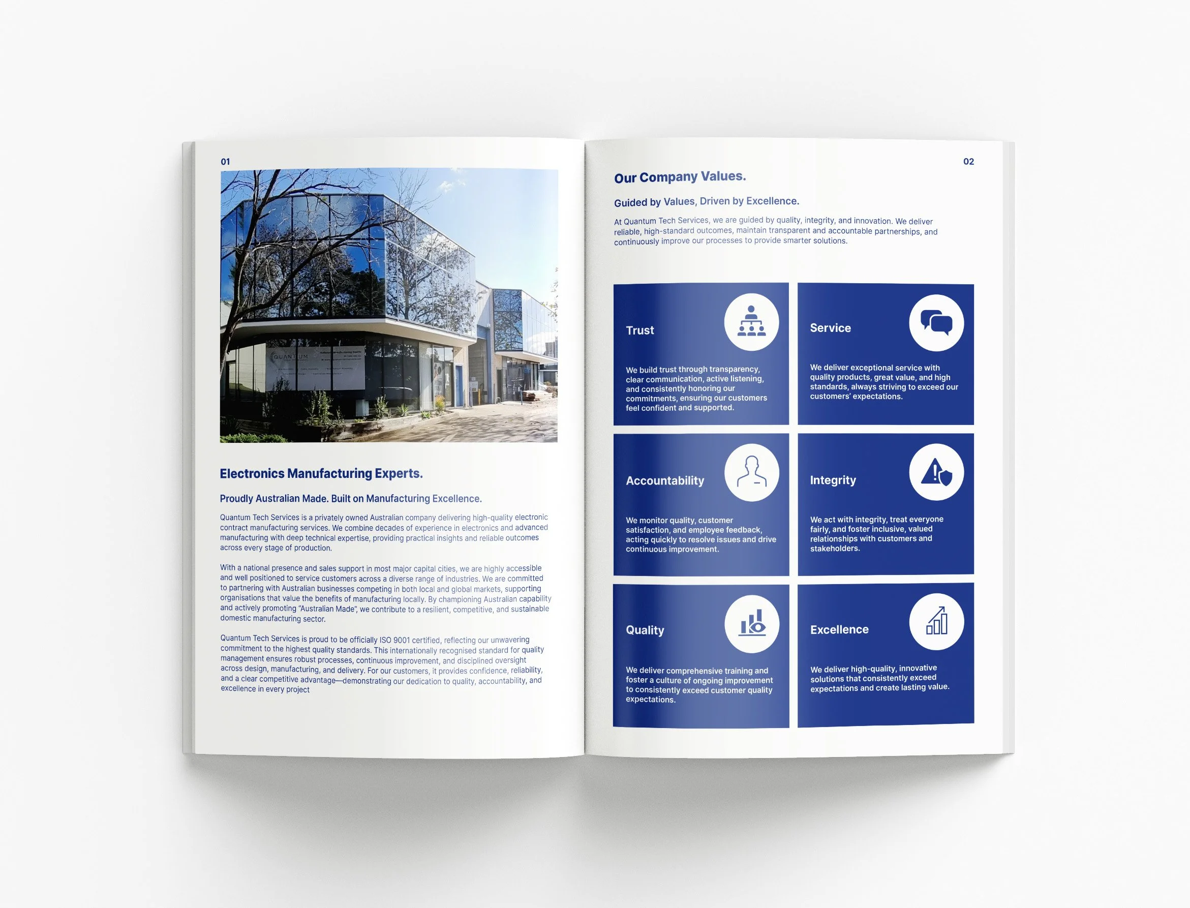 Custom capability statement design for Quantum Tech Services showcasing electronic manufacturing services, PCB assembly solutions and professional business presentation