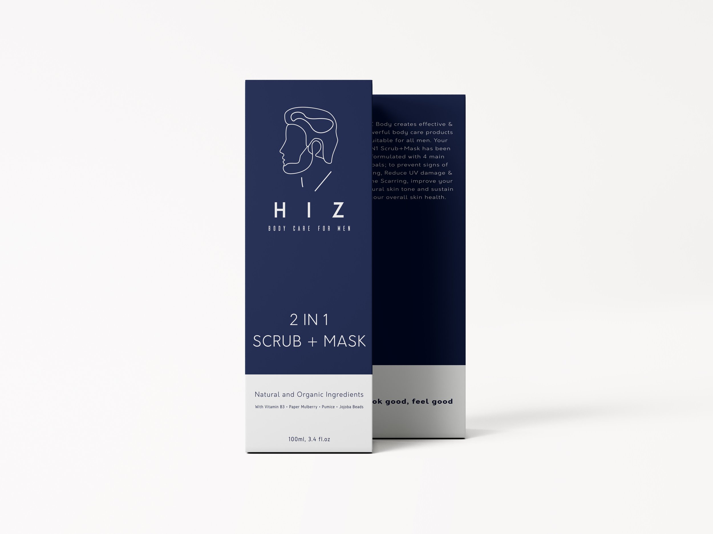 Custom packaging design for HIZ men's skincare showcasing sophisticated product labels, premium typography and contemporary grooming brand presentation