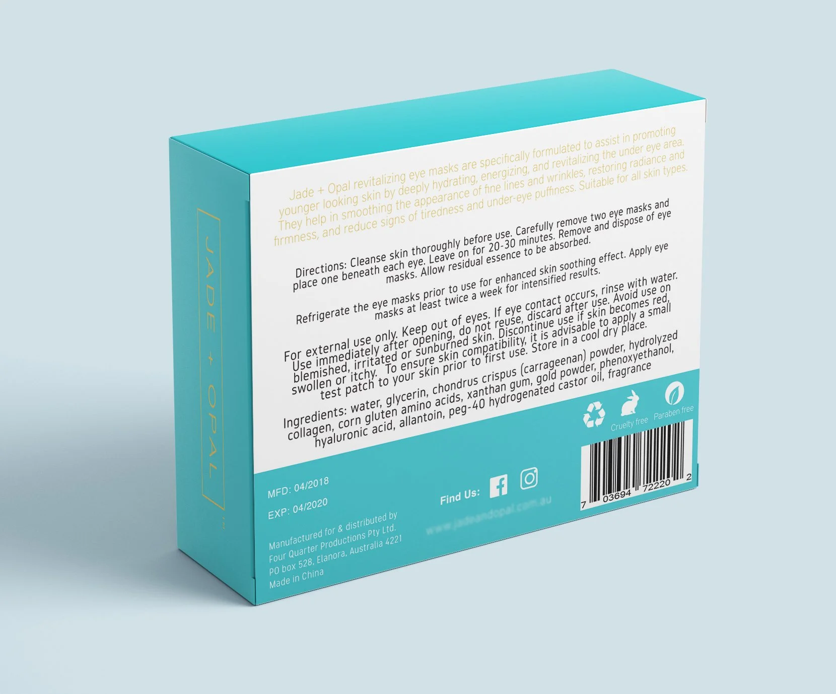 Custom packaging design for Jade and Opal showcasing premium eye mask packaging, sophisticated typography, refined branding and high-end retail packaging solutions