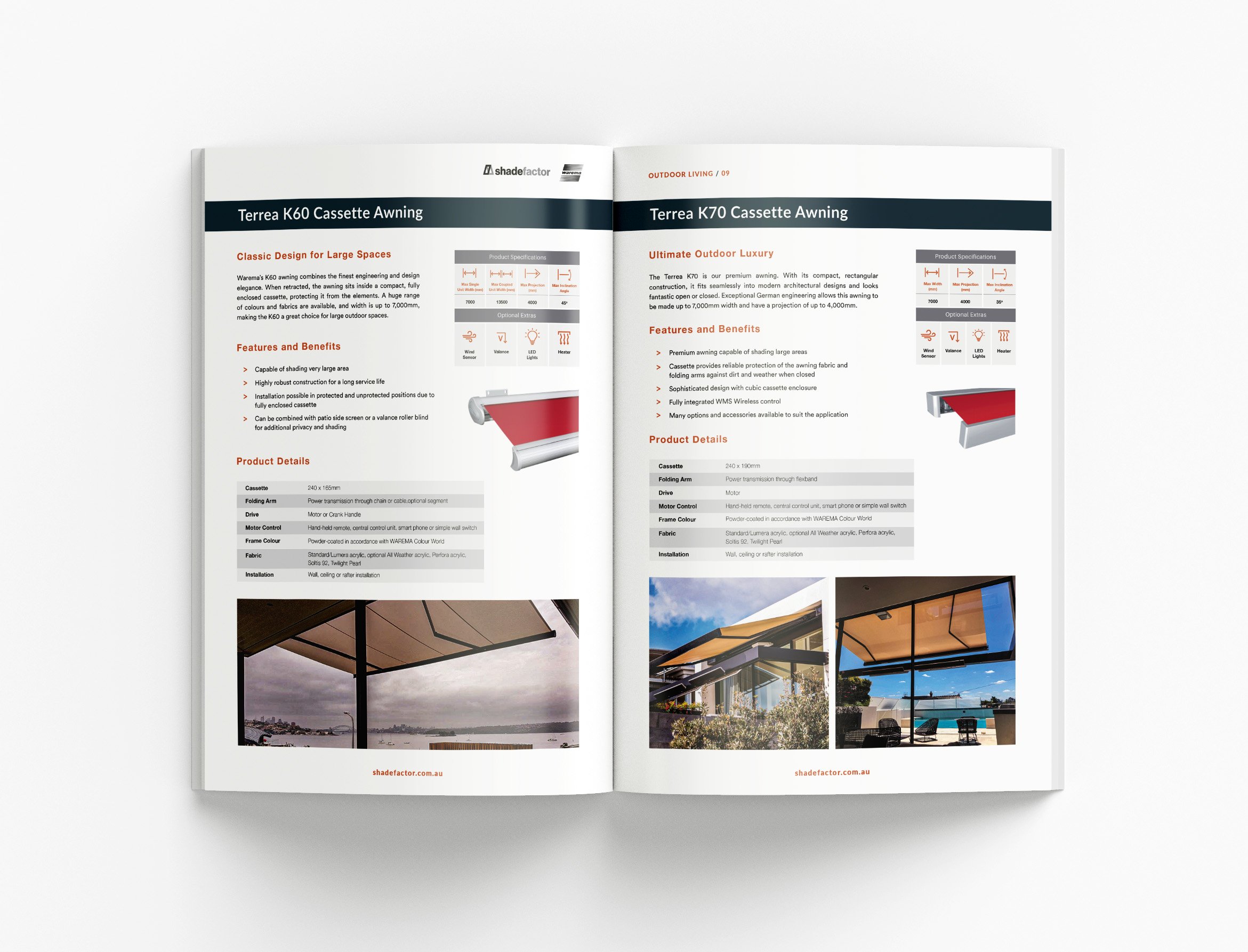 Shade Factor brochure project featuring outdoor entertainment solutions, premium product information and modern catalogue design