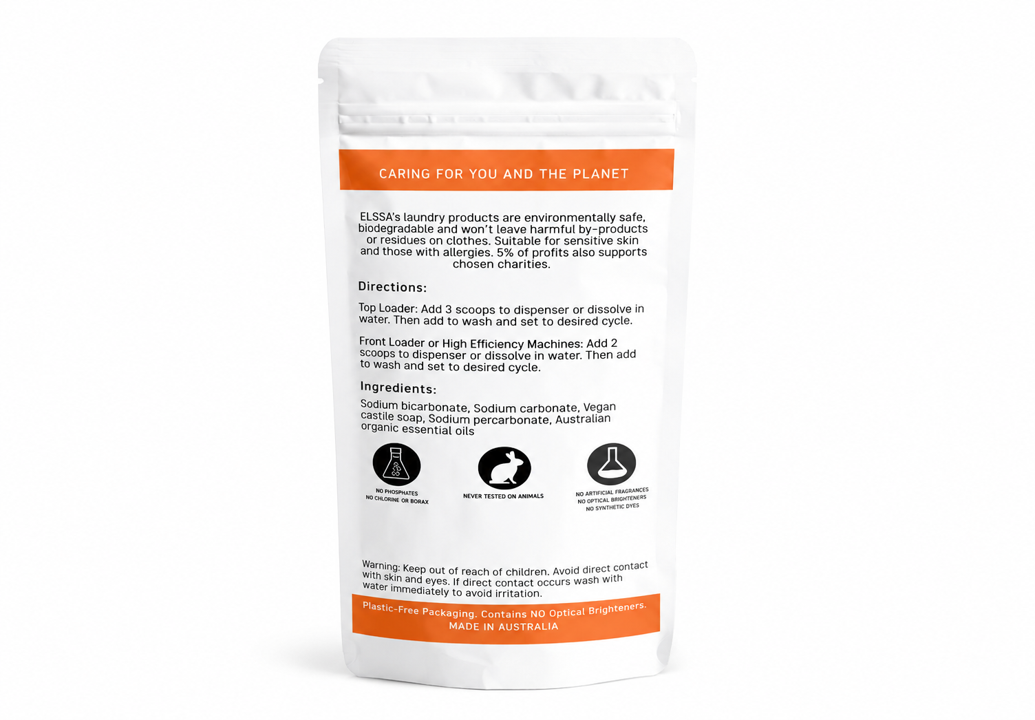 Custom pouch packaging design for ELLSA showcasing modern laundry product branding, minimalist layouts and environmentally conscious packaging solutions