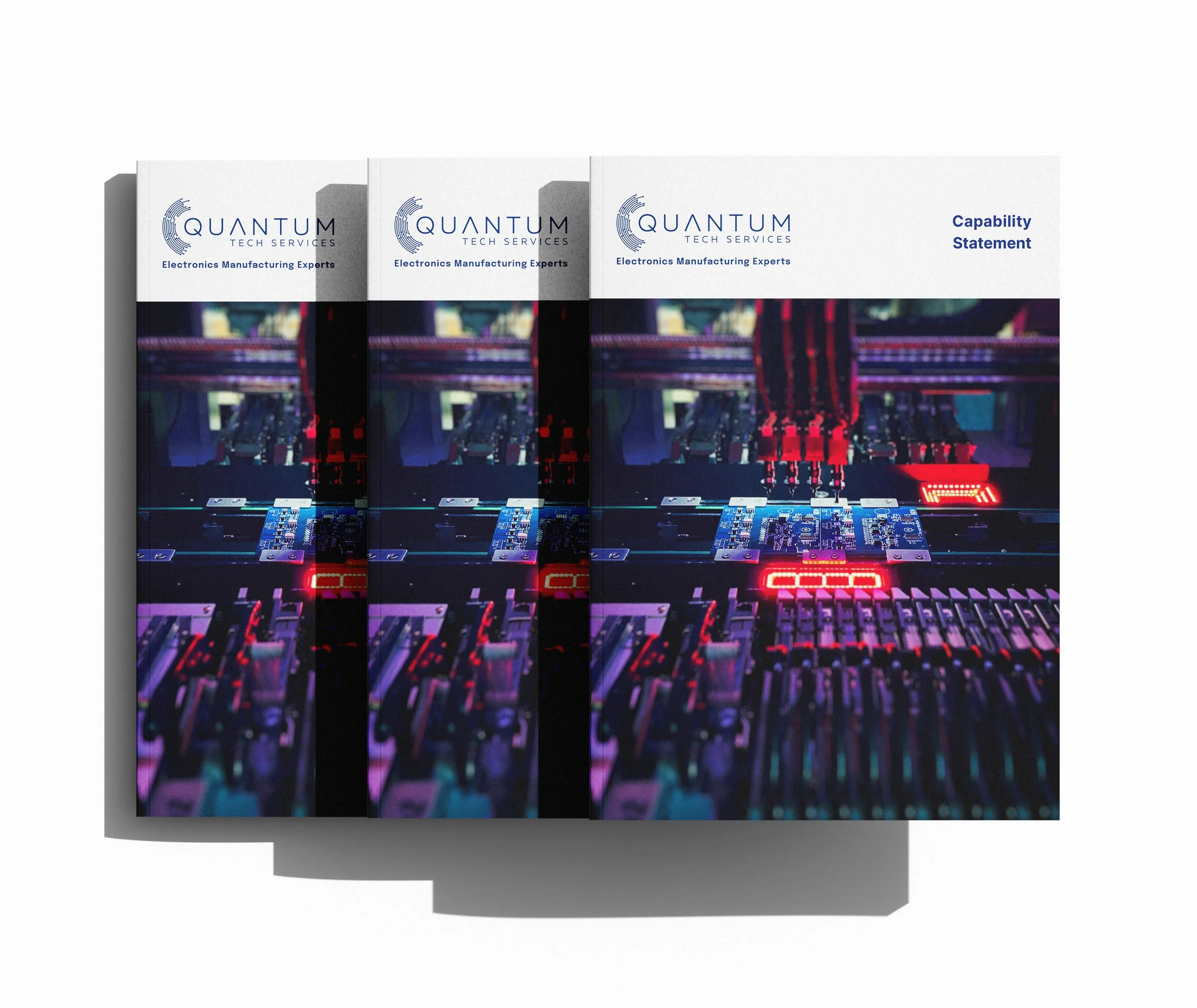 Quantum Tech Services capability statement project featuring professional manufacturing document design, PCB assembly expertise and technical company profile layouts by BKK Creative Studio