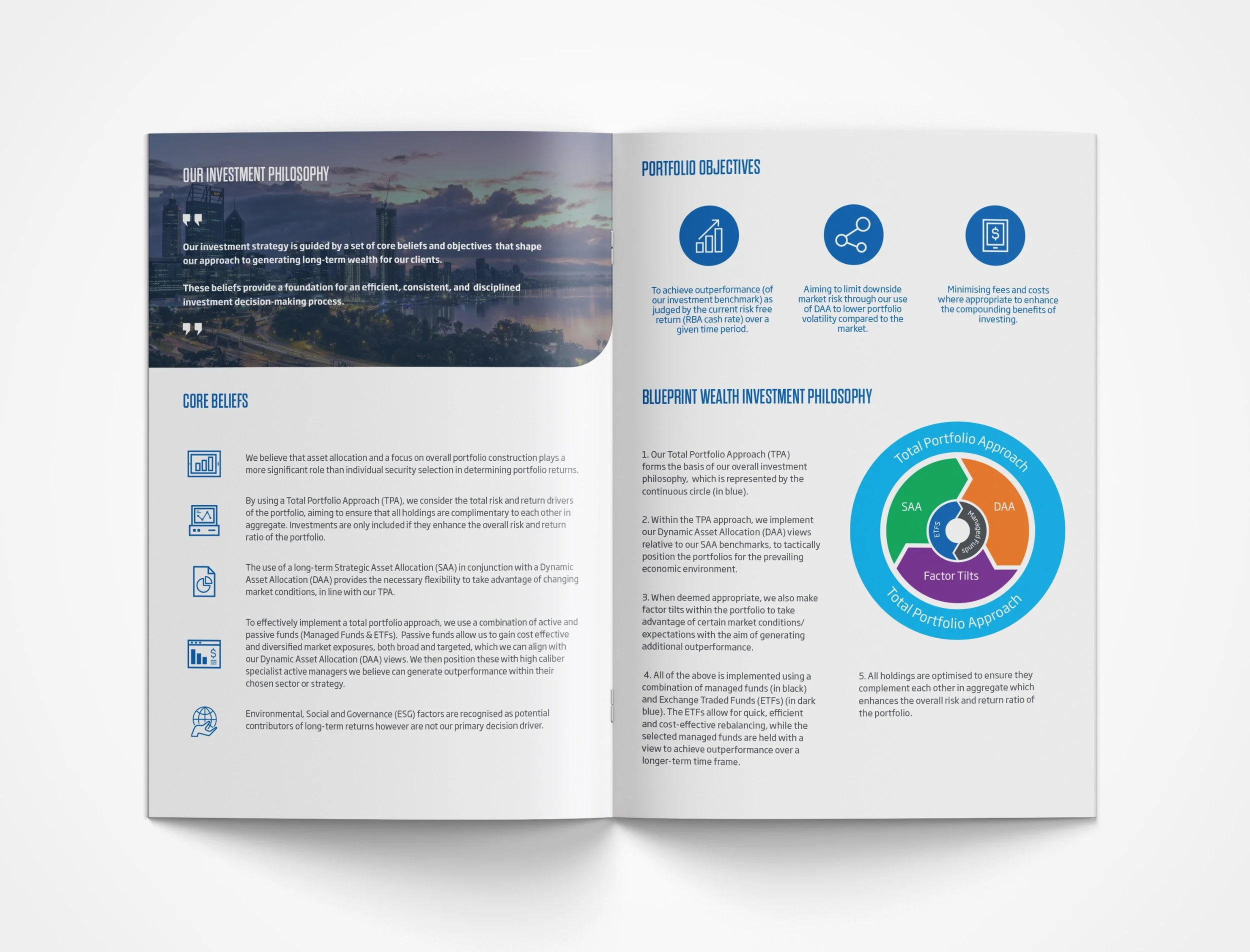 Blueprint Wealth product guide featuring structured layouts, refined typography, custom infographics and premium financial services document design