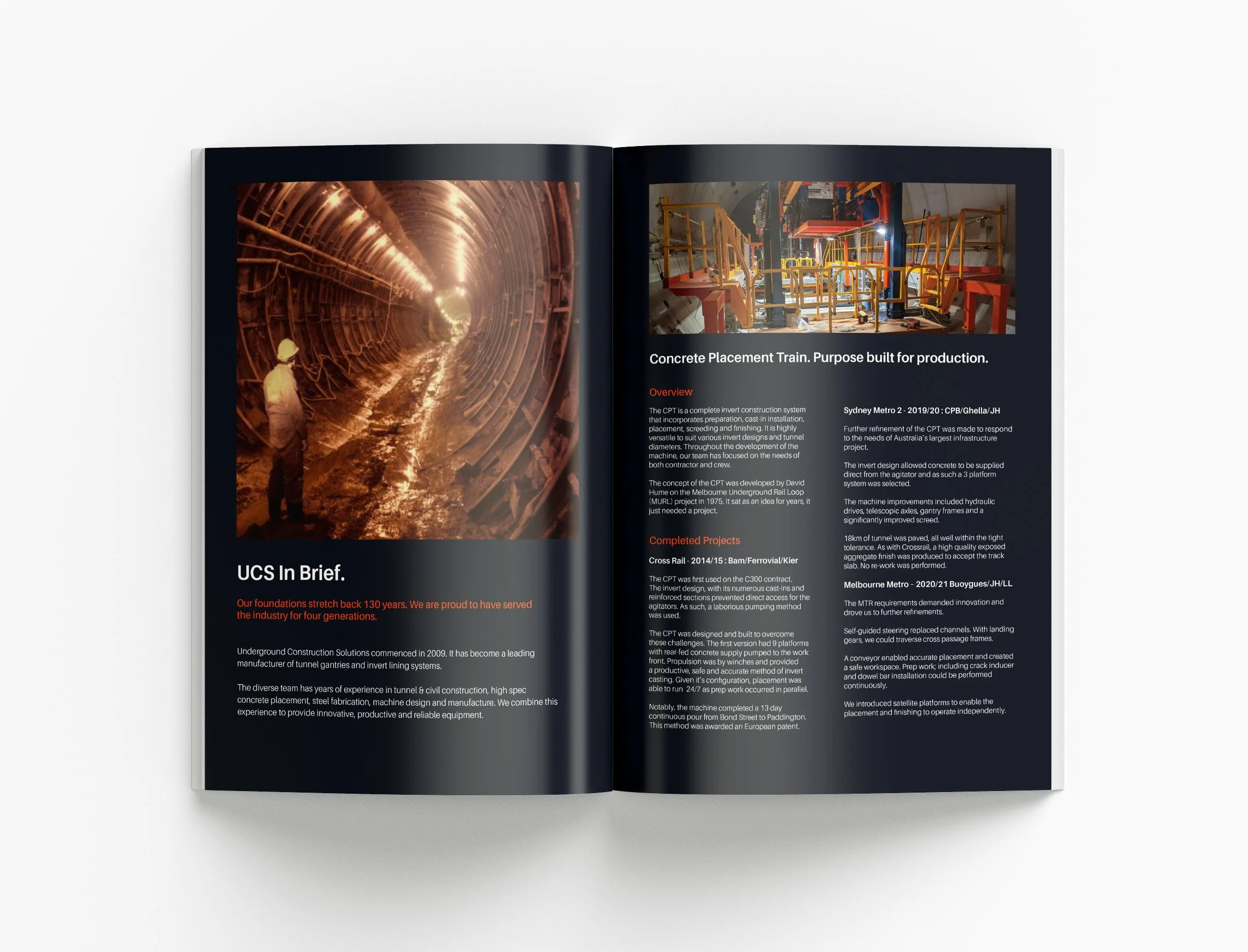 Underground Construction Solutions capability statement project featuring professional construction document design, tunnelling expertise and infrastructure company communication by BKK Creative Studio