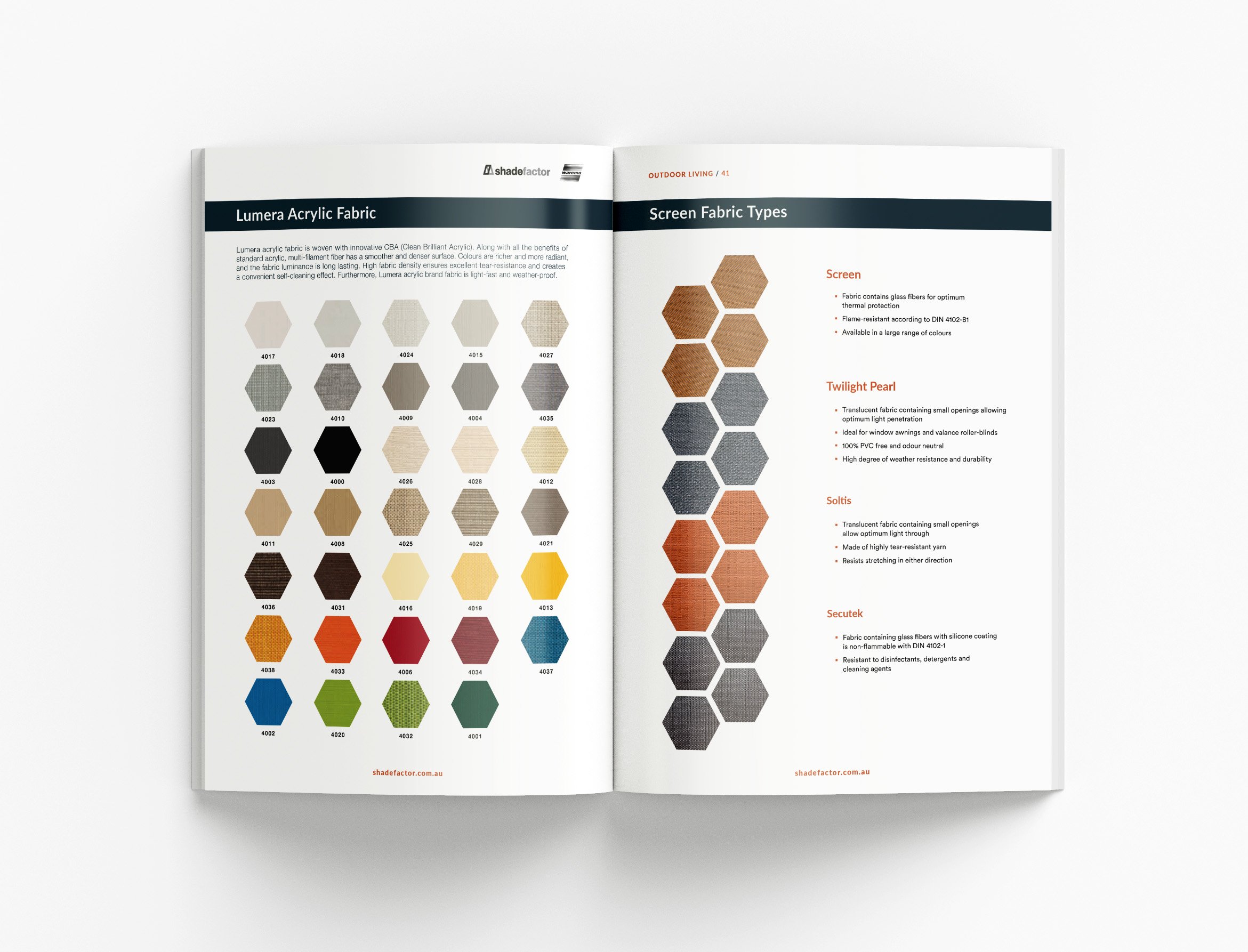 Professional catalogue featuring outdoor shading and lifestyle products, custom graphics and premium branding elements