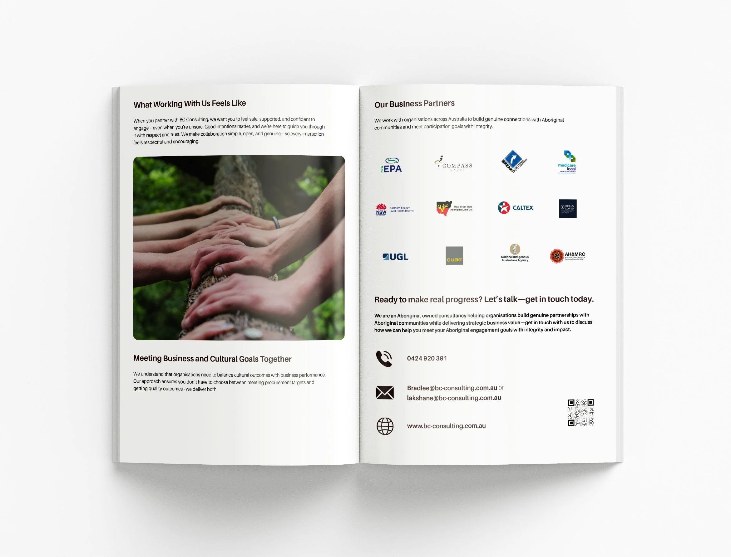 Modern capability statement design for BC Consulting showcasing community-focused programs, organisational capabilities and premium information design by BKK Creative Studio