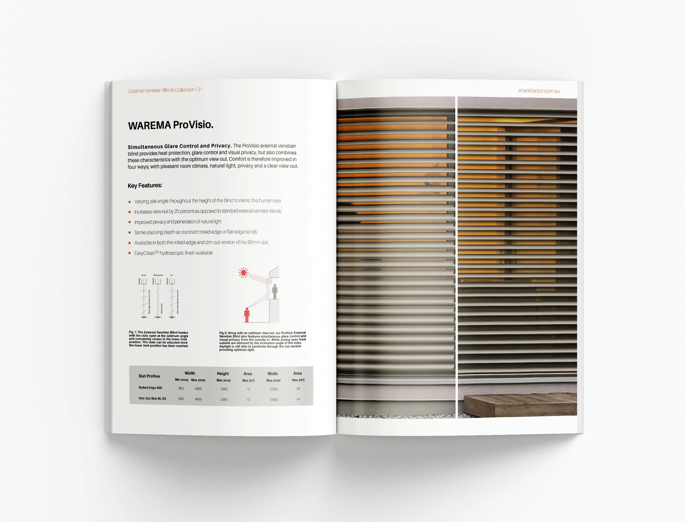 Shade Factor external Venetian blinds brochure featuring custom layouts, specification tables and professional product communication design