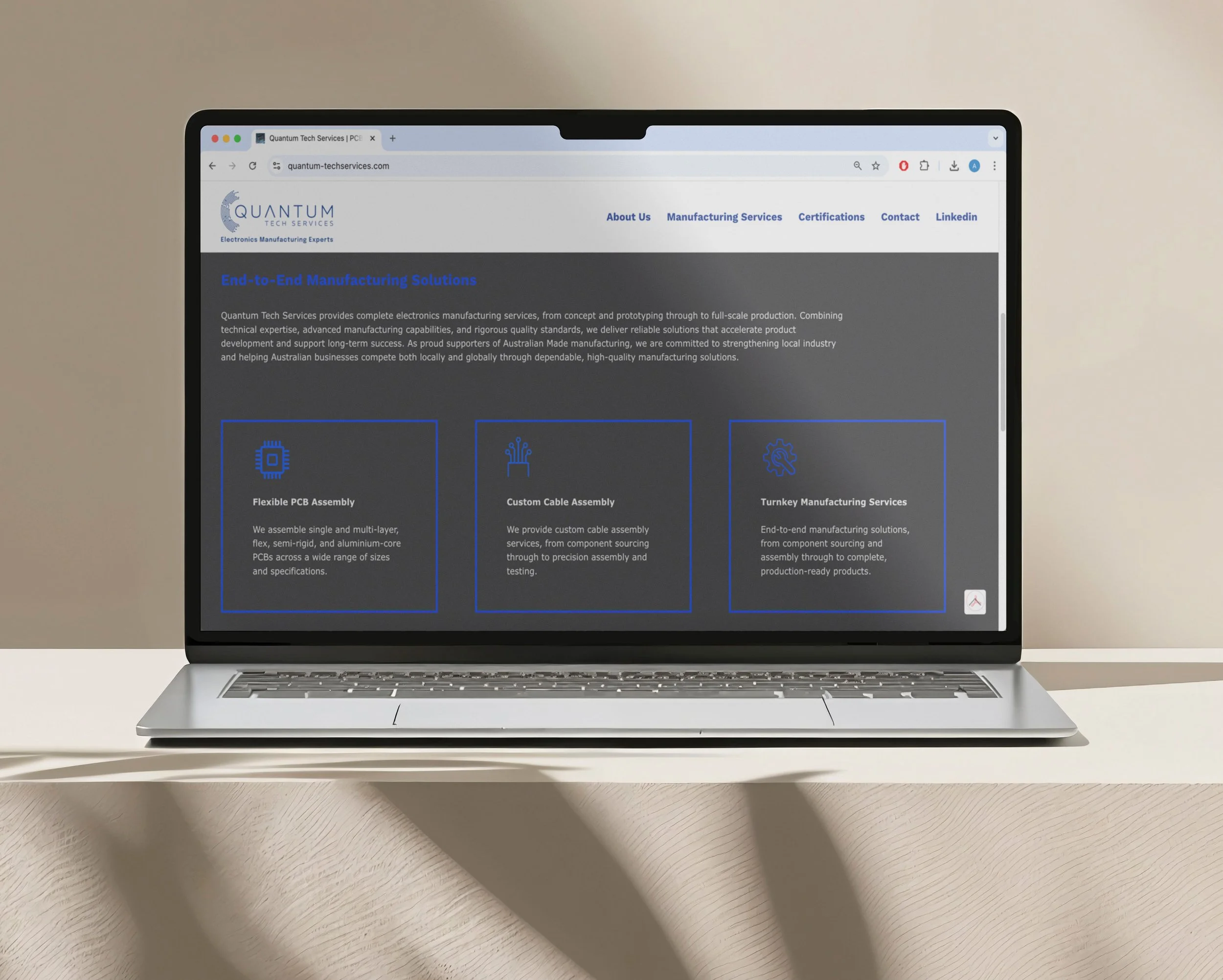 Quantum Tech Services website design project featuring modern UX/UI design, responsive web development and a professional digital experience by BKK Creative Studio