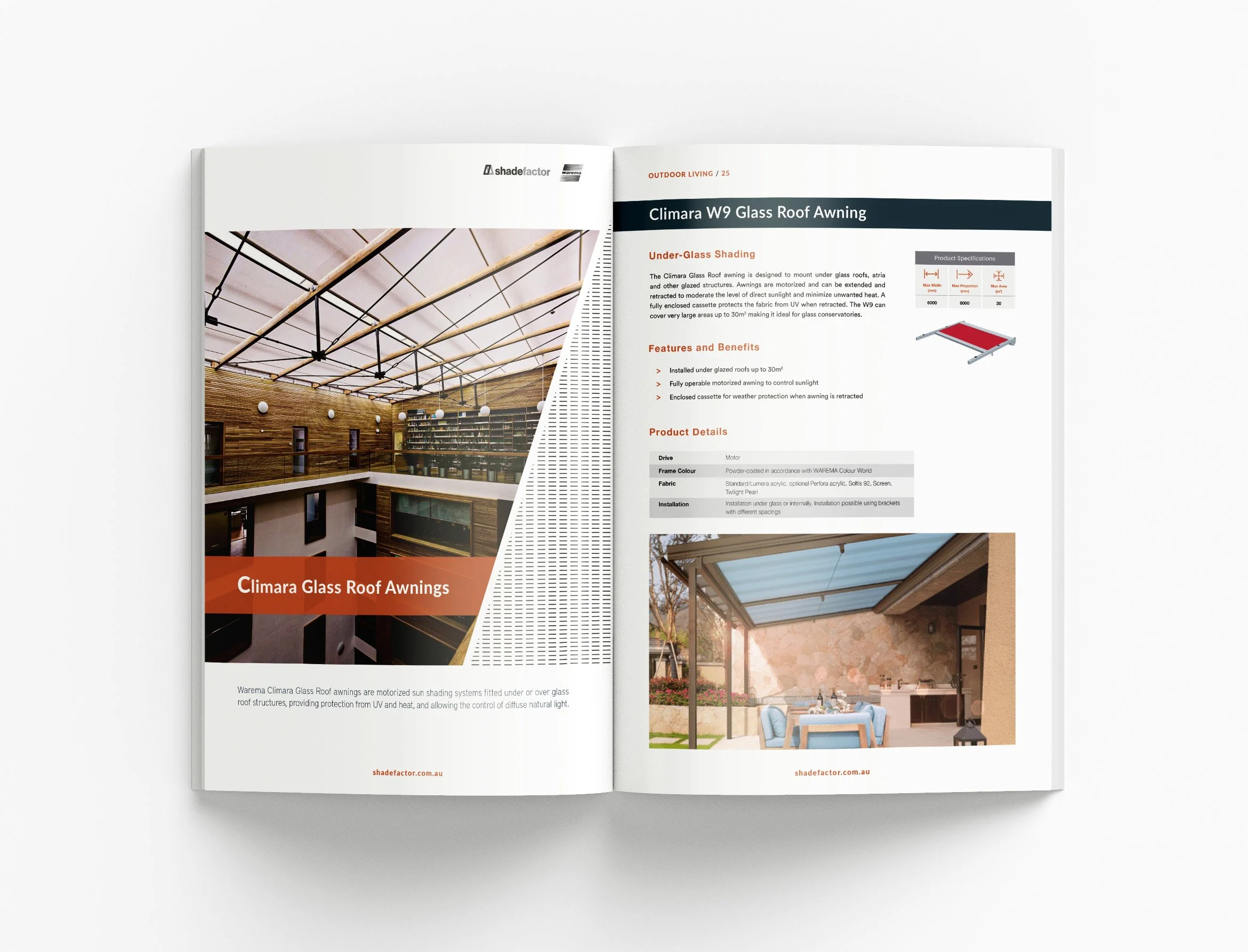 Shade Factor brochure design featuring contemporary outdoor solutions, custom icons and structured product information layouts
