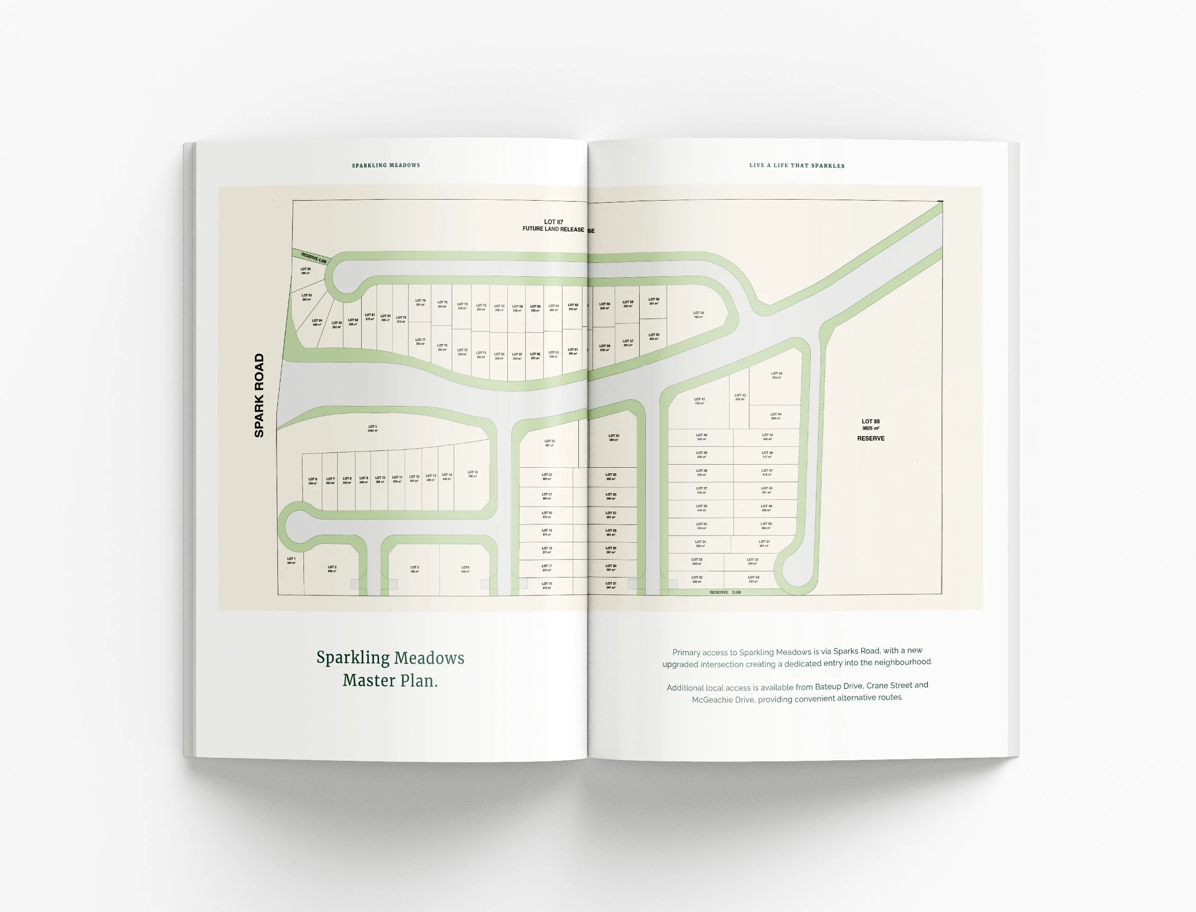 Property marketing brochure featuring custom maps, land lot plans, development information and premium brochure design for residential estates