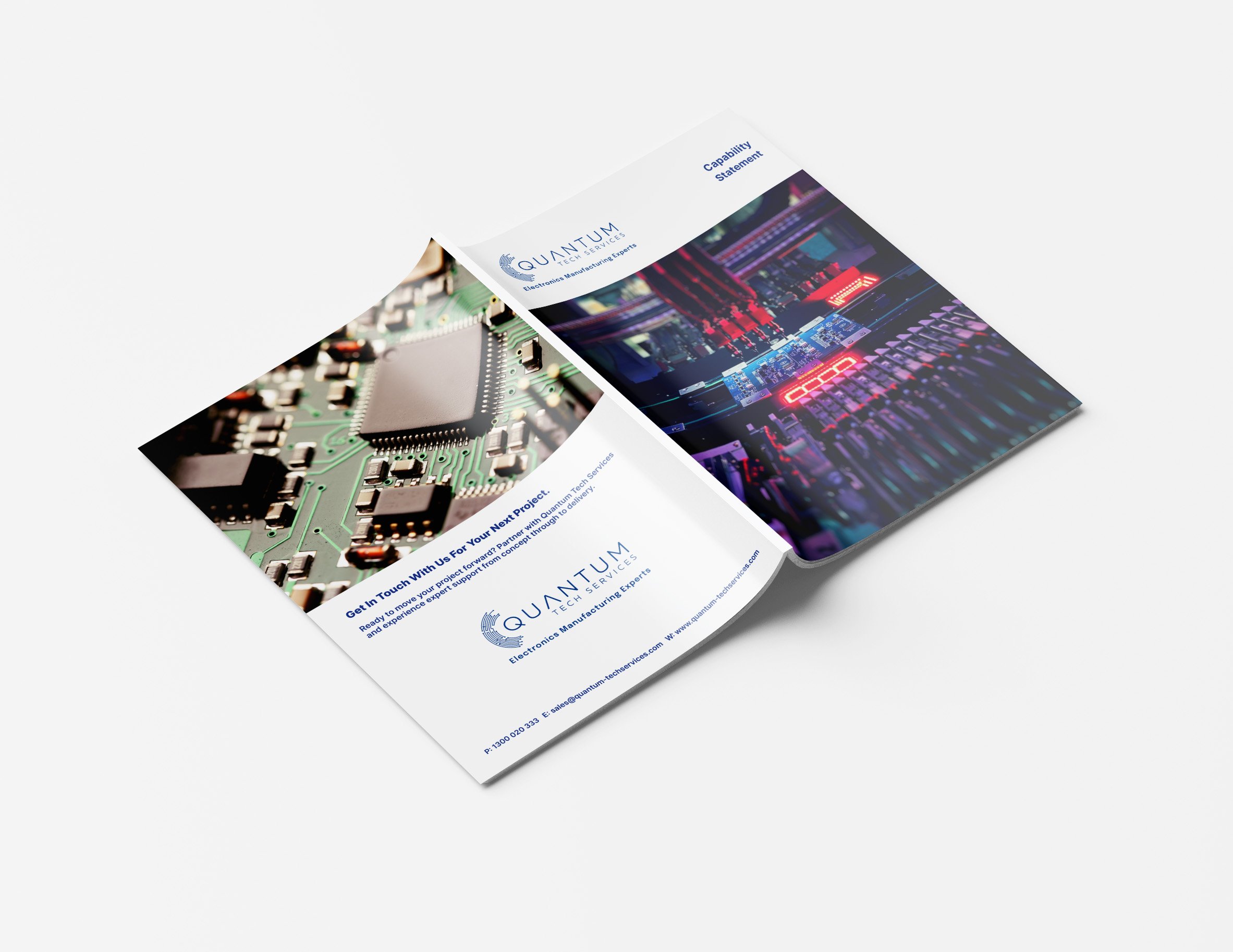 Electronics manufacturing capability statement showcasing production processes, ISO-certified operations, technical expertise and professional information design