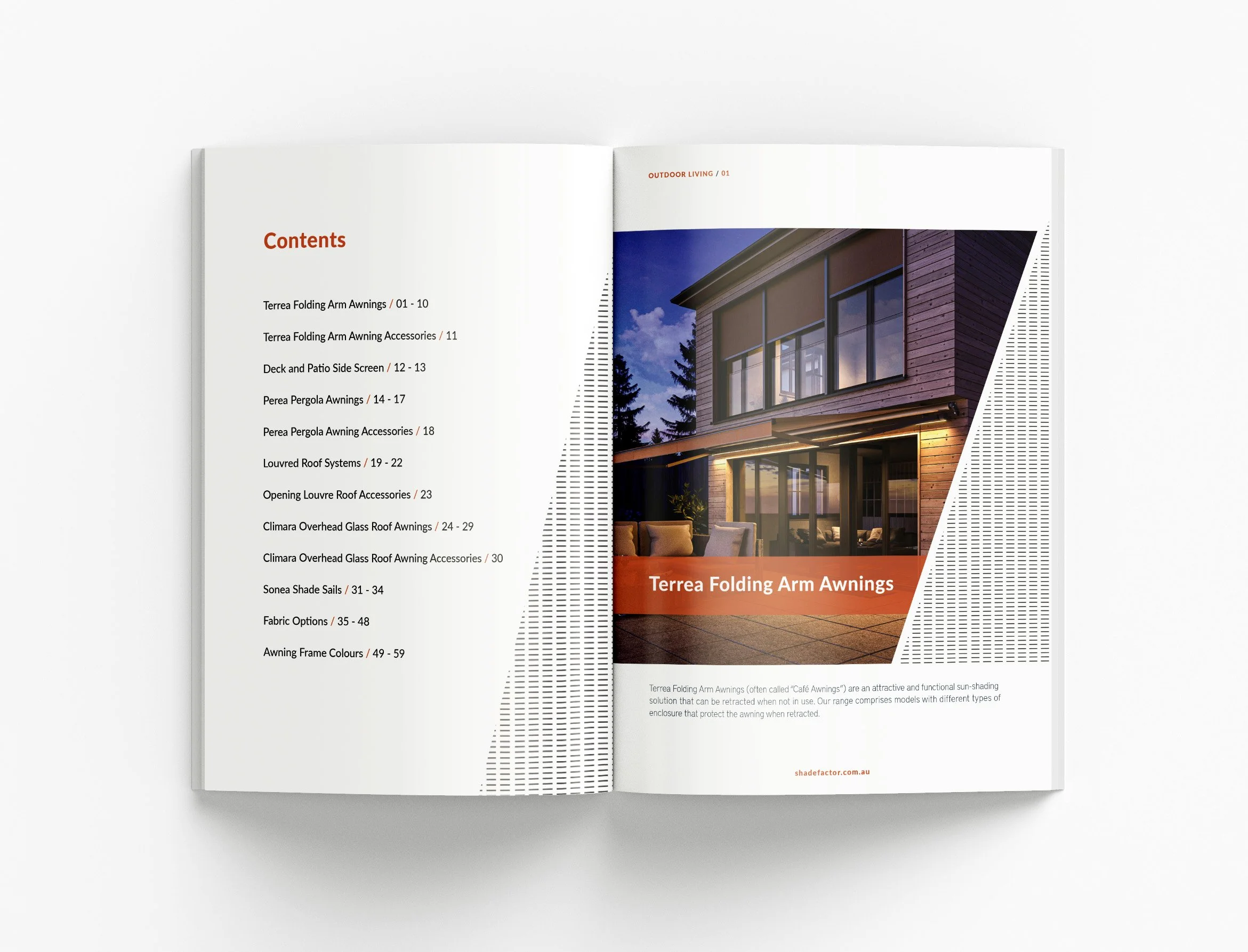 Custom brochure design for Shade Factor showcasing outdoor living products, lifestyle imagery and premium sales collateral for residential spaces