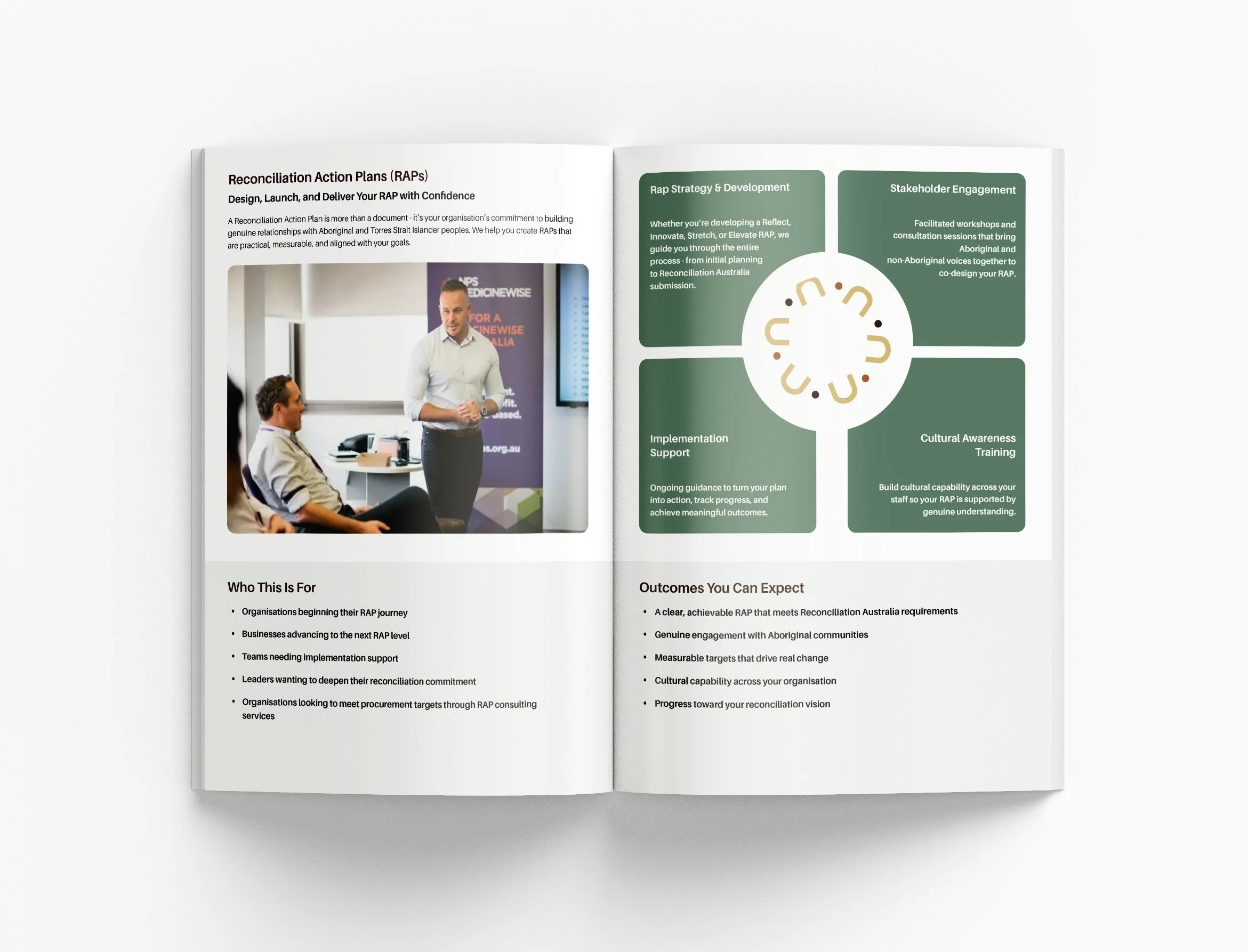 BC Consulting capability statement featuring custom infographics, culturally inspired design elements, refined typesetting and premium corporate document design