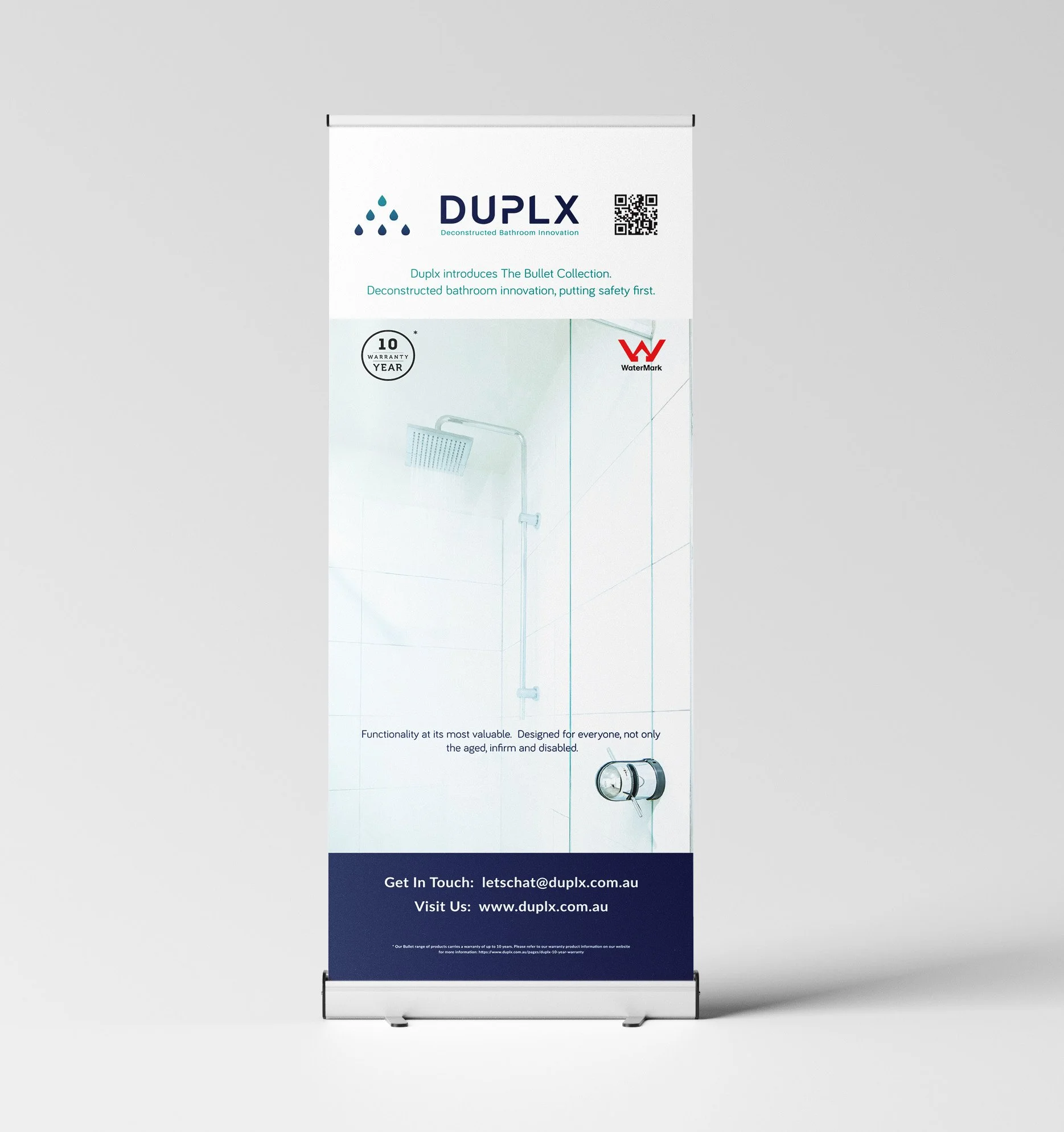 Duplx pull-up banner design featuring premium tapware branding, high-impact exhibition graphics and professional trade show marketing materials by BKK Creative Studio
