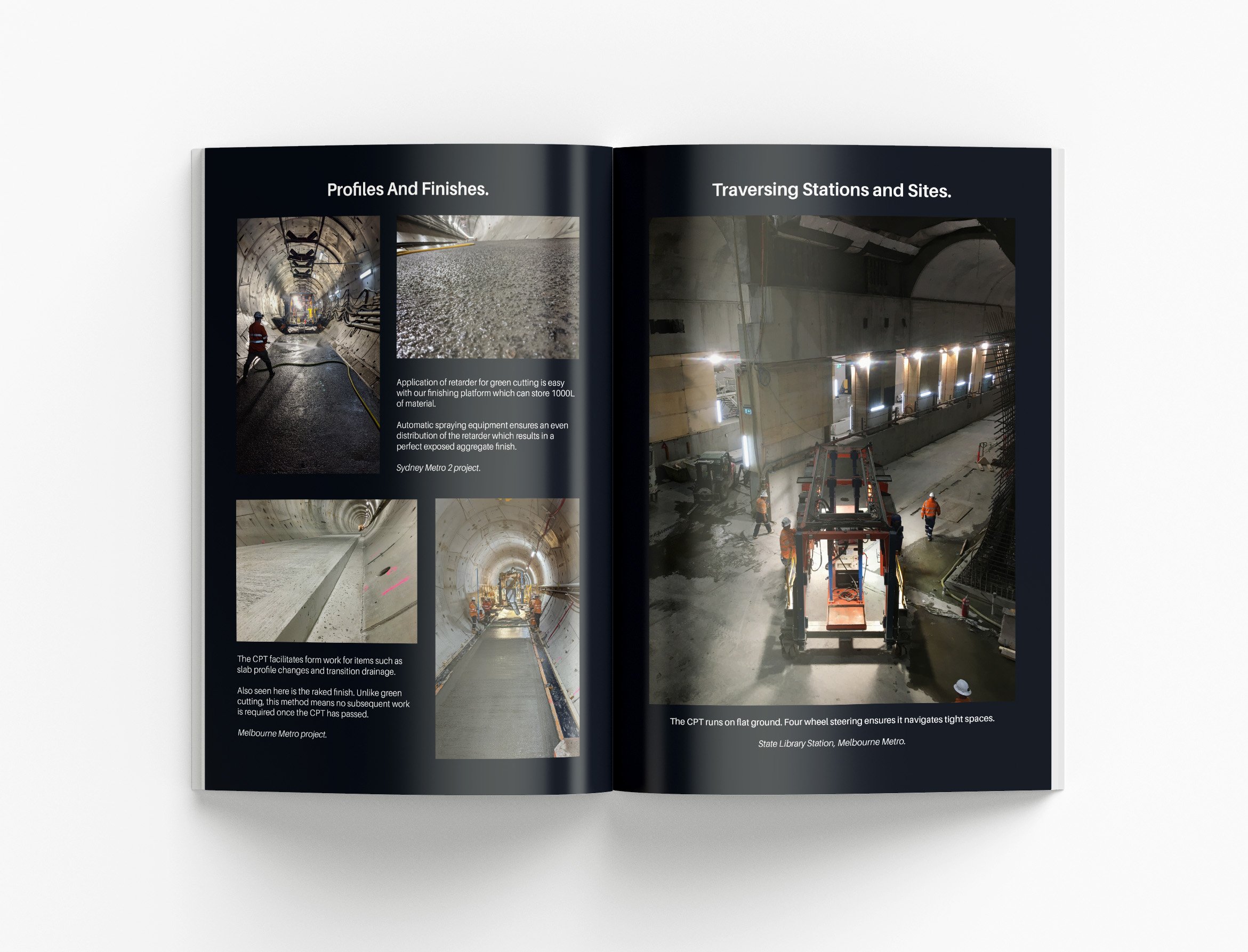 Professional capability statement highlighting tunnelling solutions, infrastructure projects and technical expertise through modern information design