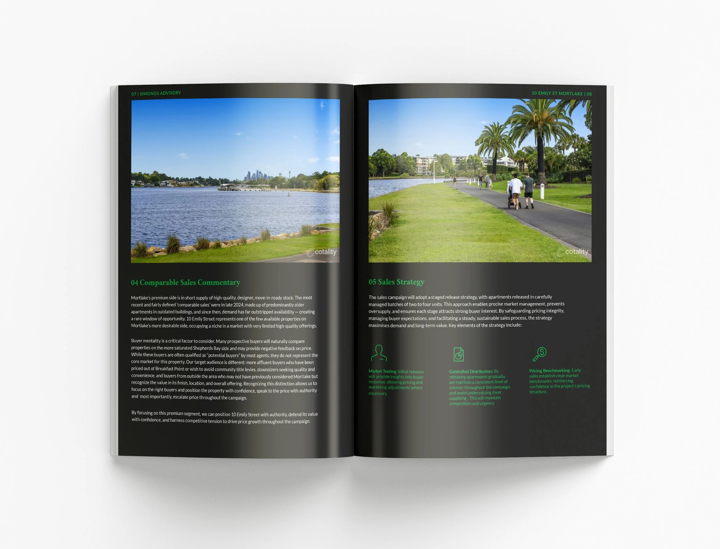 Real estate advisory document showcasing investment opportunities, property research and visually engaging corporate presentation materials