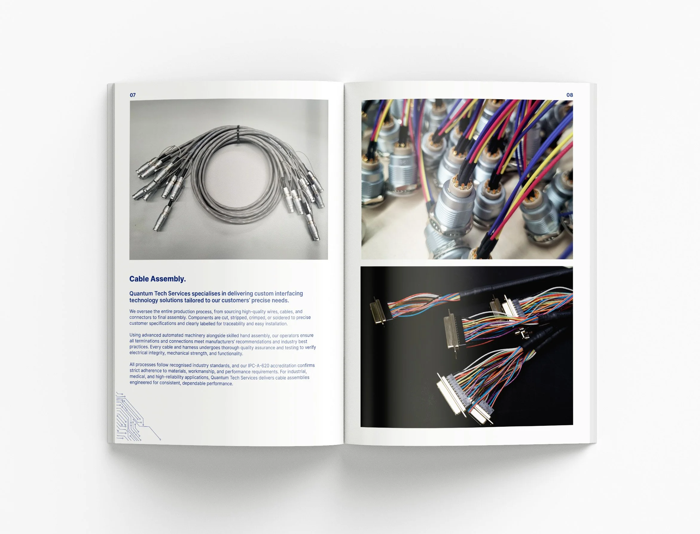 Quantum Tech Services capability statement showcasing electronics manufacturing expertise, compliance standards and visually engaging corporate communication materials