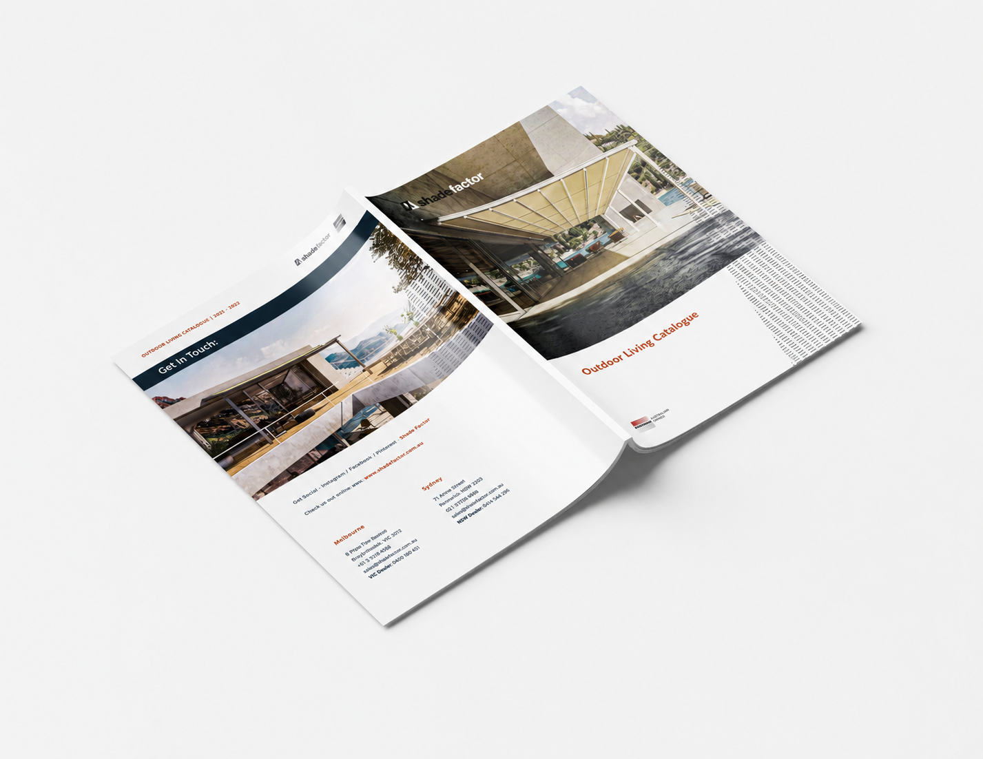 Shade Factor outdoor living brochure project showcasing premium outdoor products, architectural information design and professional catalogue development by BKK Creative Studio