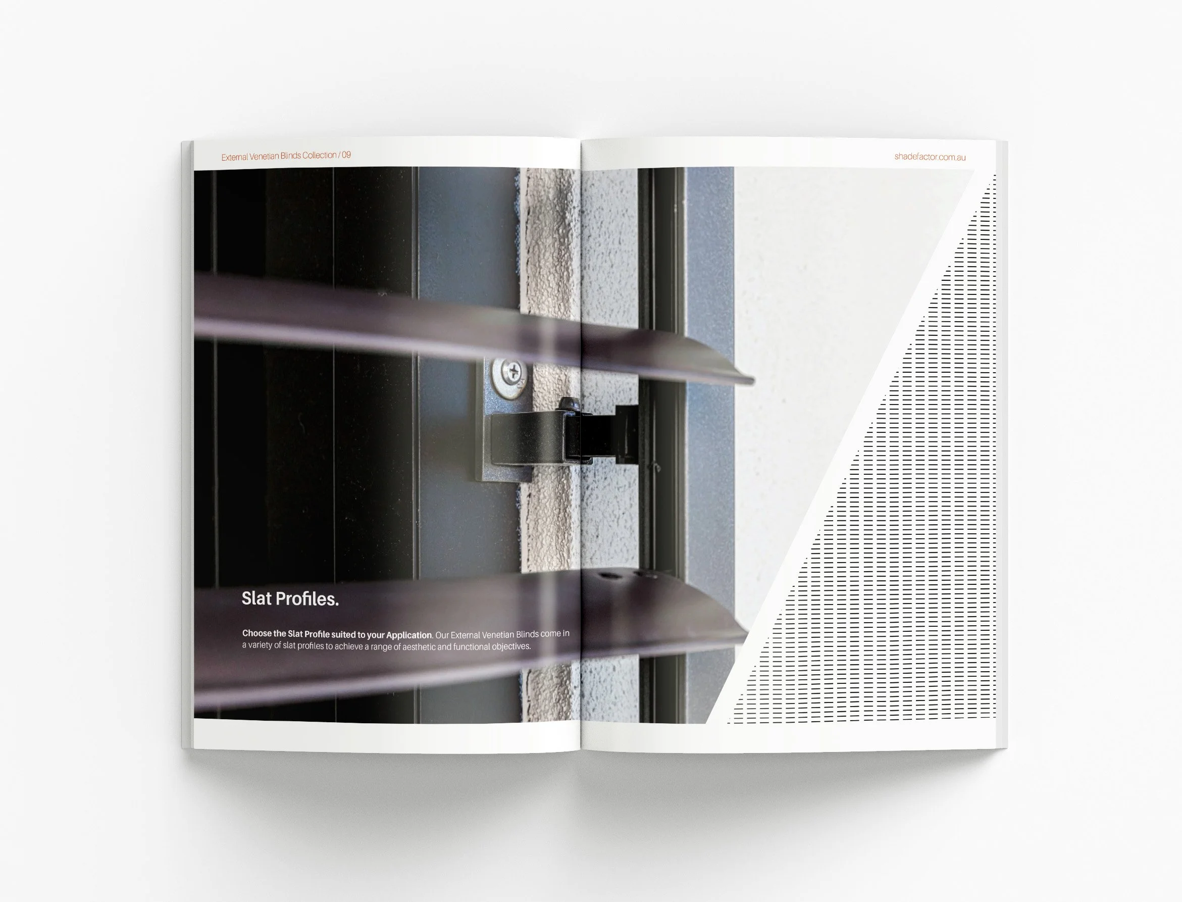 External Venetian blinds marketing brochure featuring modern typography, custom icons and premium catalogue design for architects and builders