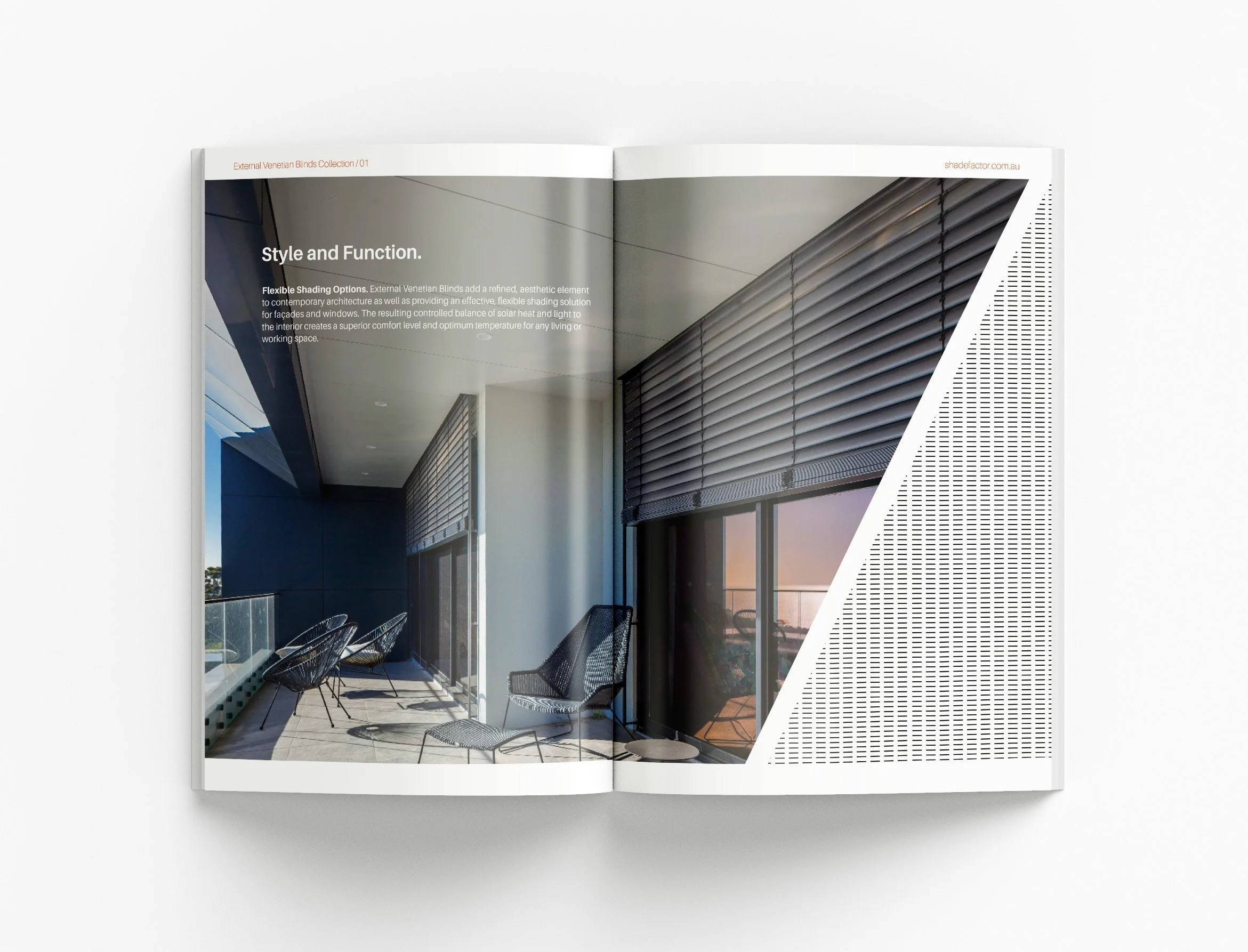 Shade Factor external Venetian blinds catalogue featuring refined layouts, luxury architectural imagery and professional product marketing design